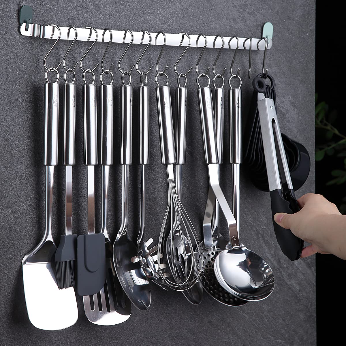 Berglander Küchenutensilien Set 38 teilig, Edelstahl Kochgeschirr Set, Küchenhelfer Kochgeschirr mit Utensilienhalter und Haken zum Aufhängen Spülmaschinenfest