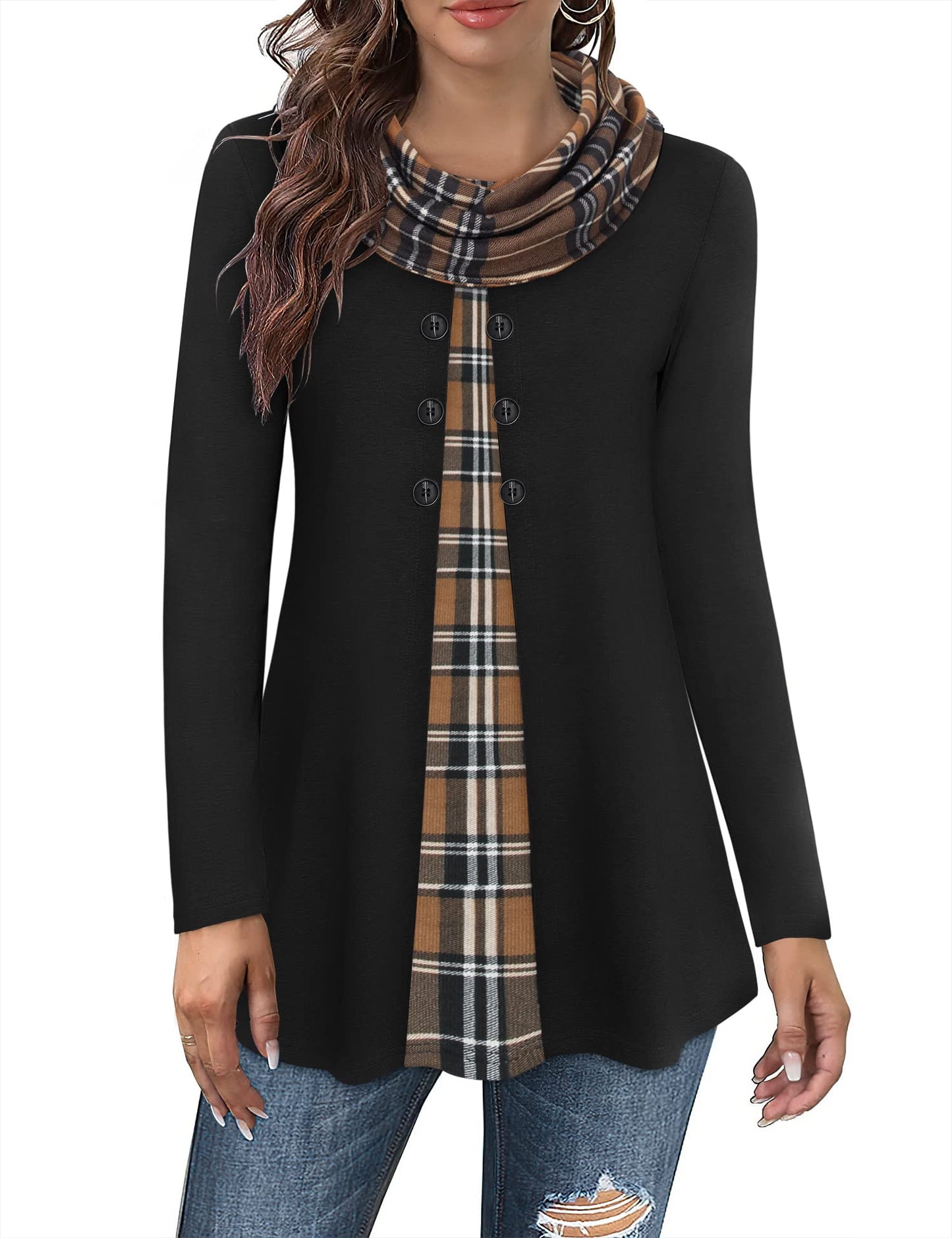 Gaharu Damen Tunika Langarm Elegant Pullover Lang Sweatshirt Schalkragen Patchwork Pulli