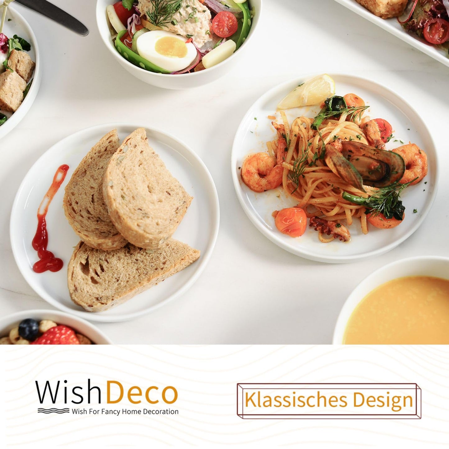 WishDeco Dessertteller 6er Set, Weiße Kuchenteller Φ18cm, Speiseteller Porzellan, Frühstücksteller Weiß mit erhöhtem Rand, Kleine Servierteller für Salat, Pasta, Brot, Vorspeisen