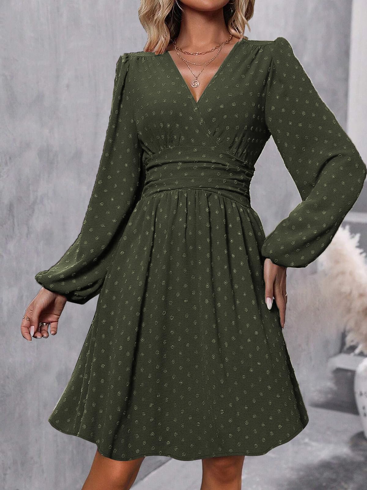 LIAMERHE Damen Elegant Kleid Langarm/Kurze Ärmel V-Ausschnitt Casual Kleider A-Linie Blumenmuster Minikleid Freizeitkleider Sommer Herbst Winter Laternenärmeln Kleid Partykleid