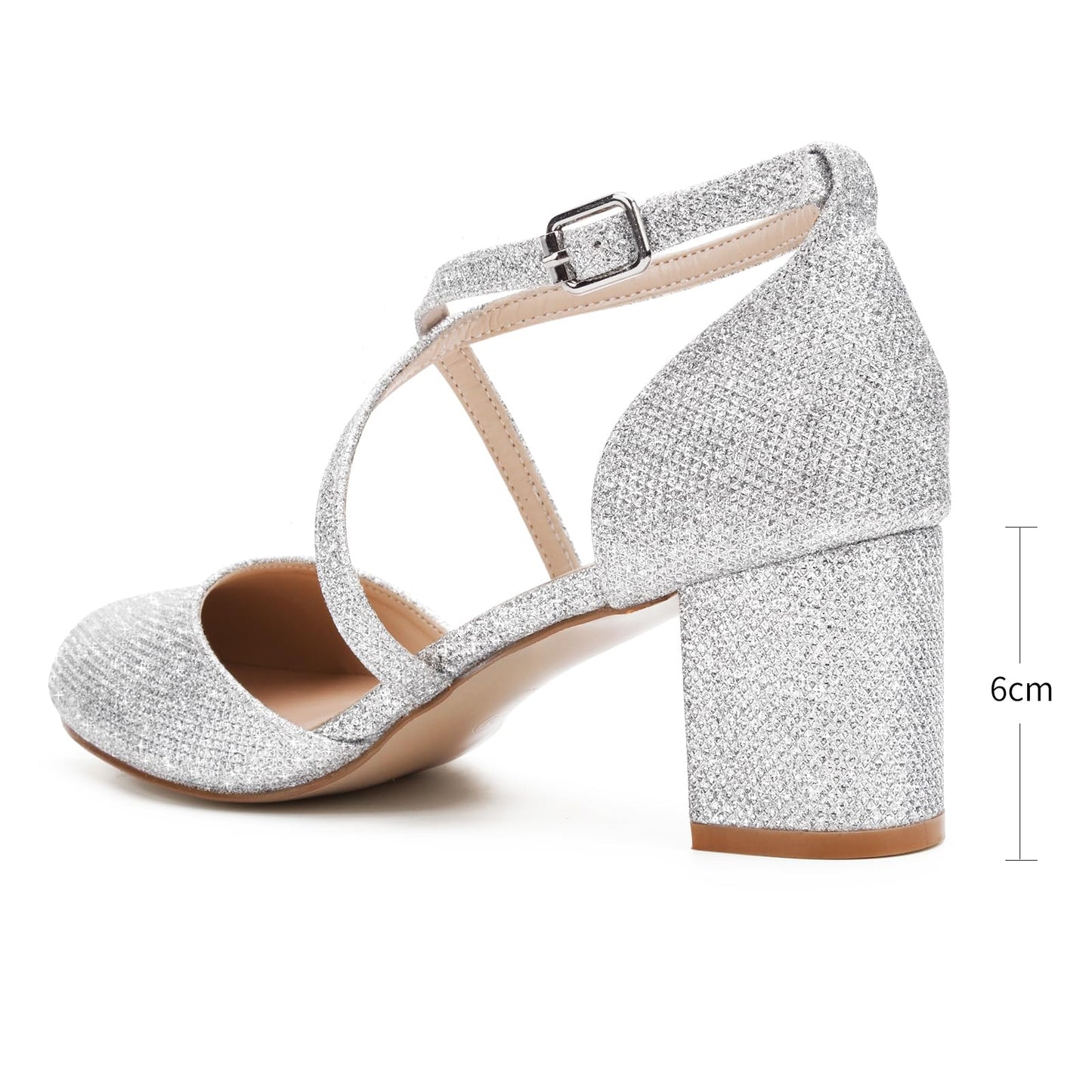 Greatonu Damen Pumps Riemchenpumps Spangenpumps Sandale mit Kreuz Knöchelriemen Blockabsatz Geschlossener Spitze Glitzer Pumps - Perfekt für Hochzeiten und Partys