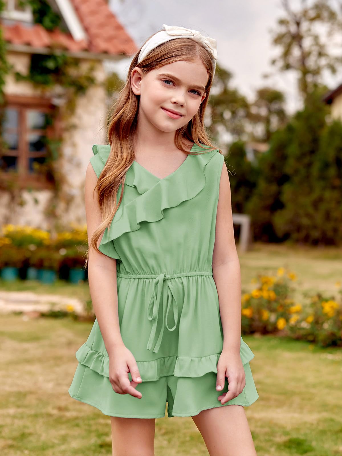 Haloumoning Jumpsuit Mädchen Rüschensaum Loose Fit Ärmellos Strampler Kinder Sommer Casual Shorts mit Taschen Overall