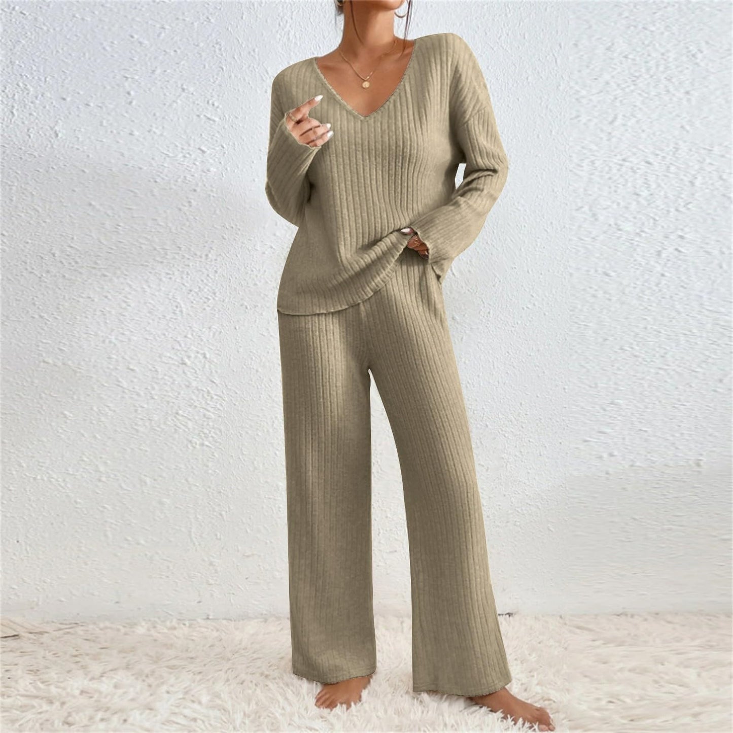 Hausanzug Damen Elegant Gestrickte Loungewear Einfarbig Strickanzug Langarm Schlafanzüge Zweiteiler V-Ausschnitt Homewear Locker Freizeitanzug Outfit Weites Bein Hose mit Taschen Lounge Set
