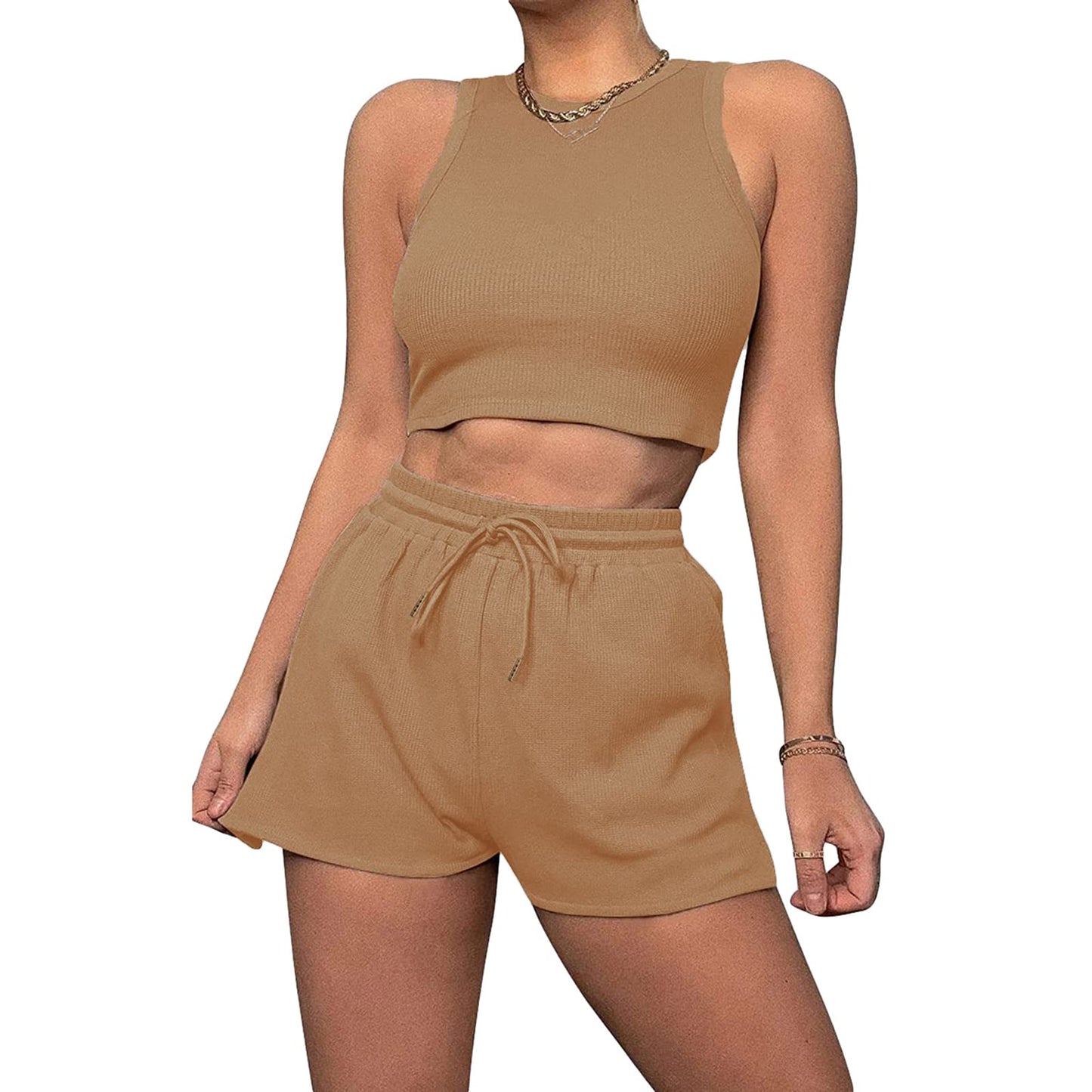 Geagodelia Damen Zweiteiler Sommer Hosenanzug Elegant Outfits Kleidung 2 Teiler Set Crop Tank Top + Shorts Y2k Aesthetic Clothes Workout Sport Anzug