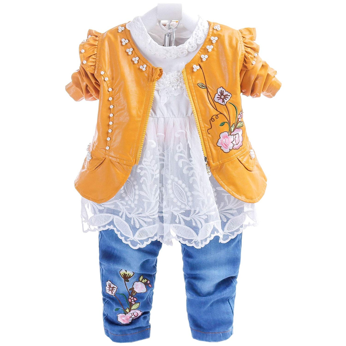 YYA 6M-4J Baby Mädchen Jeans 3-teiliger Anzug bestickter Spitzenrock Jeansjacke und Jeans