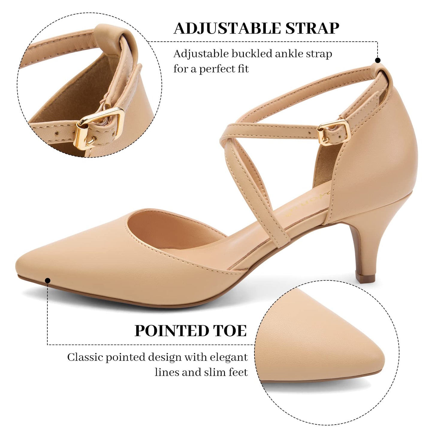 Greatonu Women's Pointed Toe Court Shoes with Ankle Strap and Kitten Heel