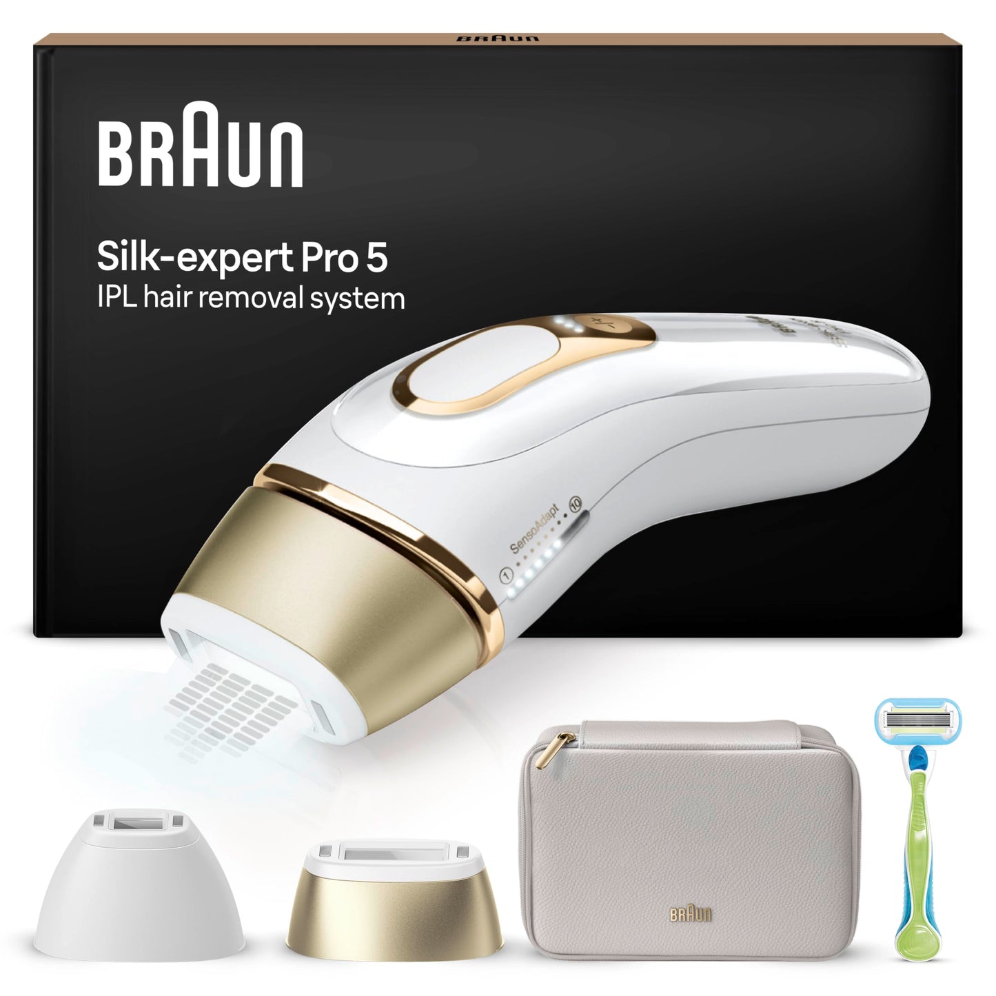 Braun IPL Silk Expert Pro 5 Haarentfernungsgerät Damen, sichtbare Haarentfernung, Designed In Germany, Venus Rasierer, 3 Aufsätze, Alternative zu Laser Haarentfernung, PL5262, weiß/gold