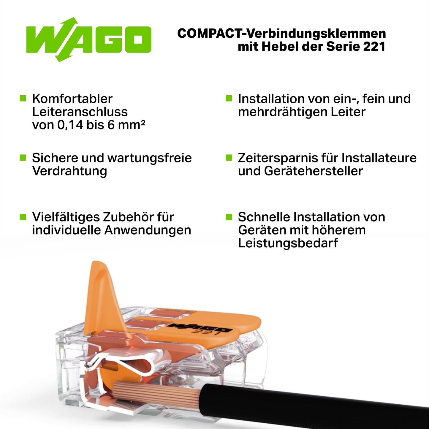 WAGO Verbindungsklemmen 221-413 | 3 Leiter, bis 4 mm², 50 Stück, COMPACT Kabelverbinder mit Hebel für alle Leiterarten weltweit, bestätigte Anwendungssicherheit