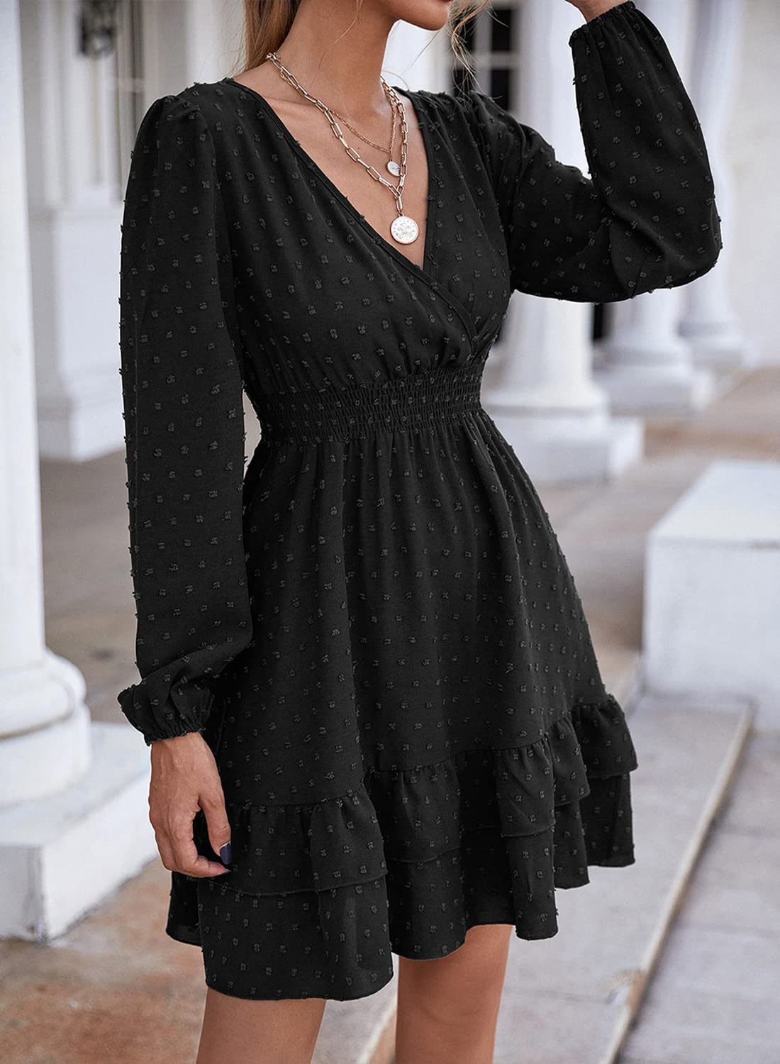 Vangreynve Damen Minikleid V-Ausschnitt A-Linie Kleider Elegant Hohe Taille Langarm Freizeitkleid