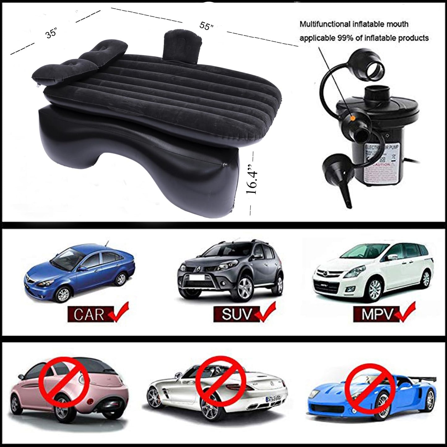 Icelus Auto Matratze SUV Luftmatratze with Luftpumpe 195 * 130 * 15 cm Aufblasbare Camping Kombi Luftbett für Auto Rücksitz Dickere Kofferraum Matratze Bett für Camping Outdoor Traveling