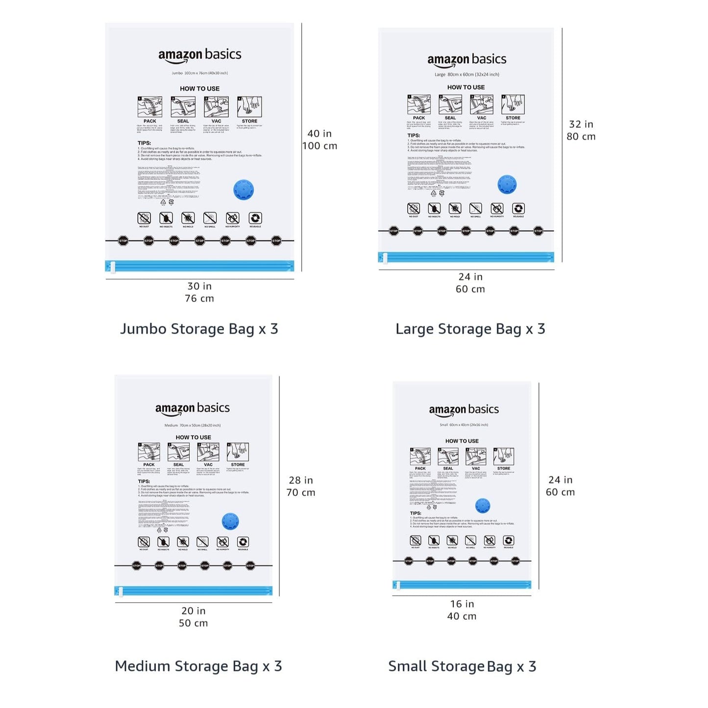 Amazon Basics Vakuumbeutel für Kleidung mit Luftdichtem Ventil und Handpumpe - Jumbo, 6er-Pack, Reißverschluss, Durchsichtig