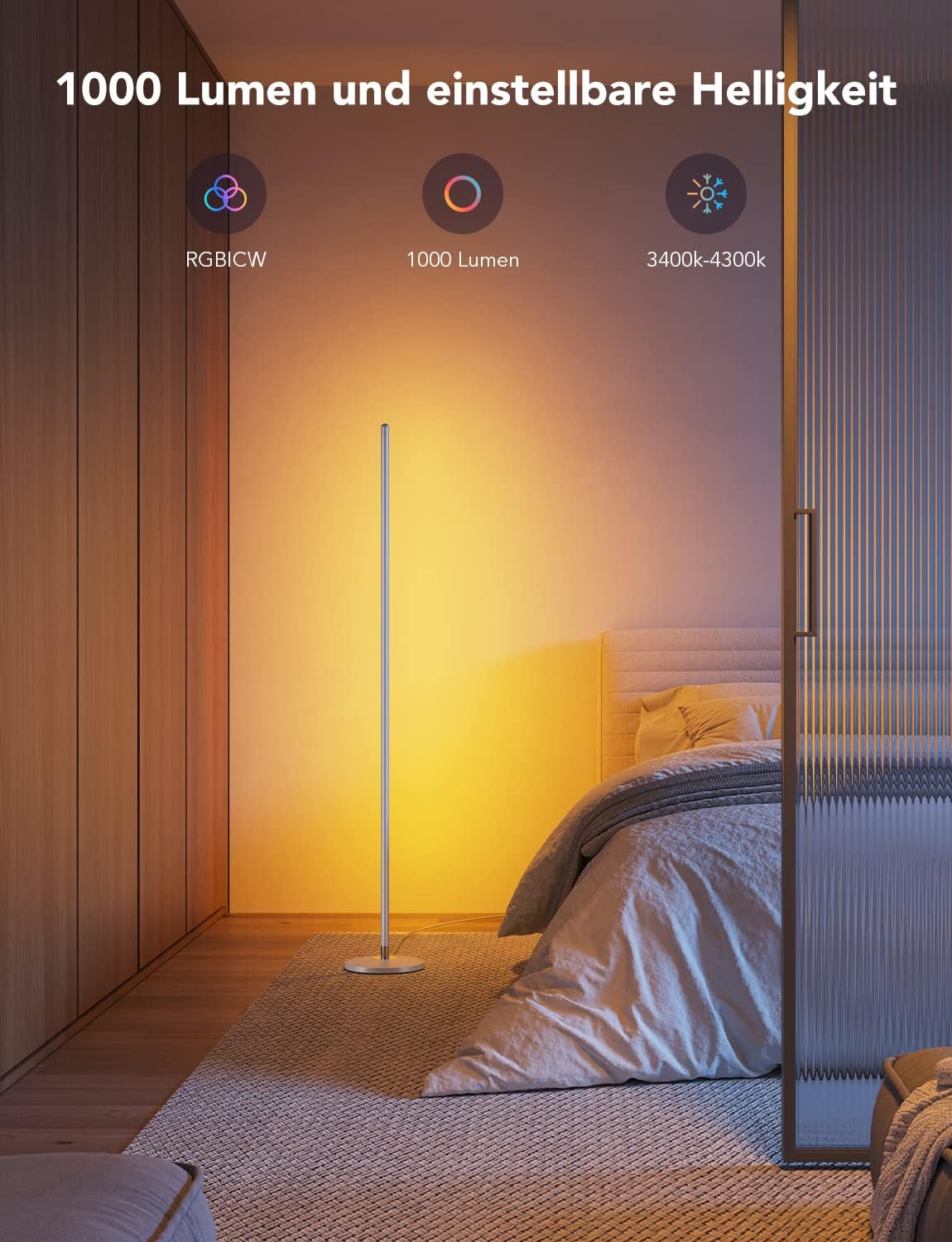 Govee RGBIC LED Stehlampe Wohnzimmer, WiFi Stehlampe Dimmbar, Arbeiten Sie mit Alexa und Google Assistant, 16 Millionen Farben, 58 Szenenmodi, Musikmodi, DIY-Modus für Schlafzimmer Gaming, Schwarz