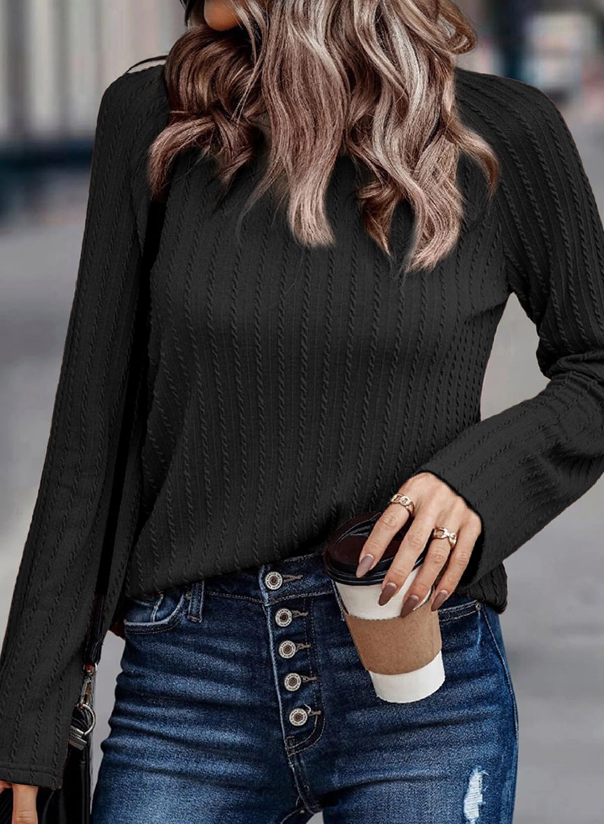 Dokotoo Langarmshirt Damen Rundhals Strickmuster T-Shirt Basic Longsleeve Shirts Herbst Winter Leichte Lässige Oberteile Tunika Pullover S-XXL