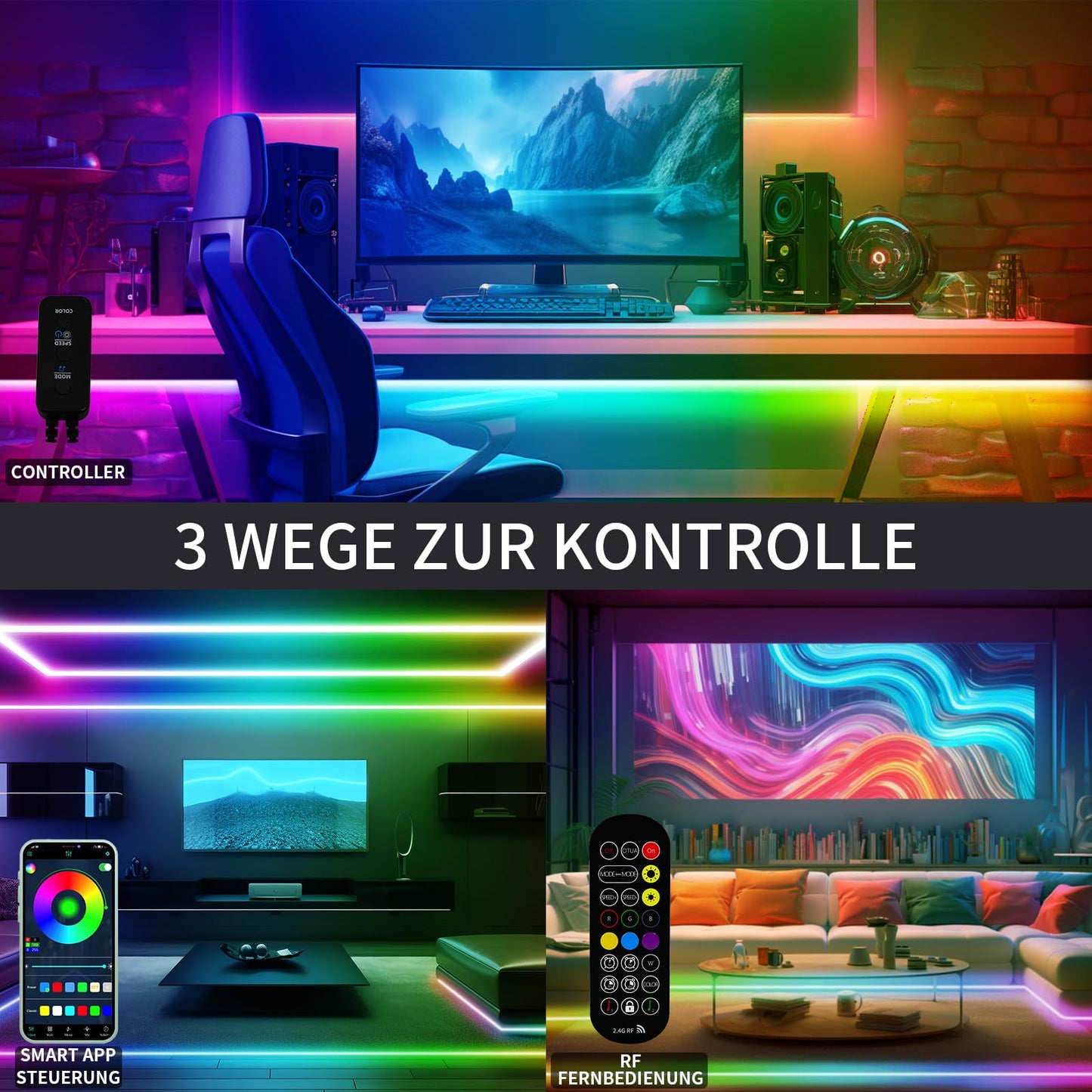 BUNACET COB RGB LED Strip 6M 24V Dimmbar, LED Streifen 3456 LEDs, Leiste Band Stripes Lichtband mit Netzteil RF Fernbedienung & APP Bluetooth für Küche Schlafzimmer Deko