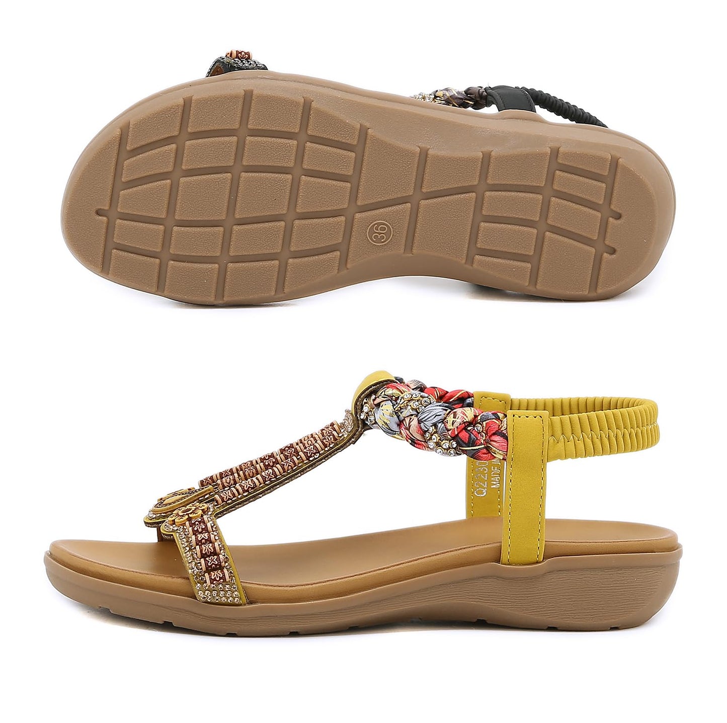 Meik Mangni Damen Sandalen Sommer Bohemian Flache Zehentrenner Strass Sandaletten Strand Schuhe Plattform Flip Flops Gr.36-42