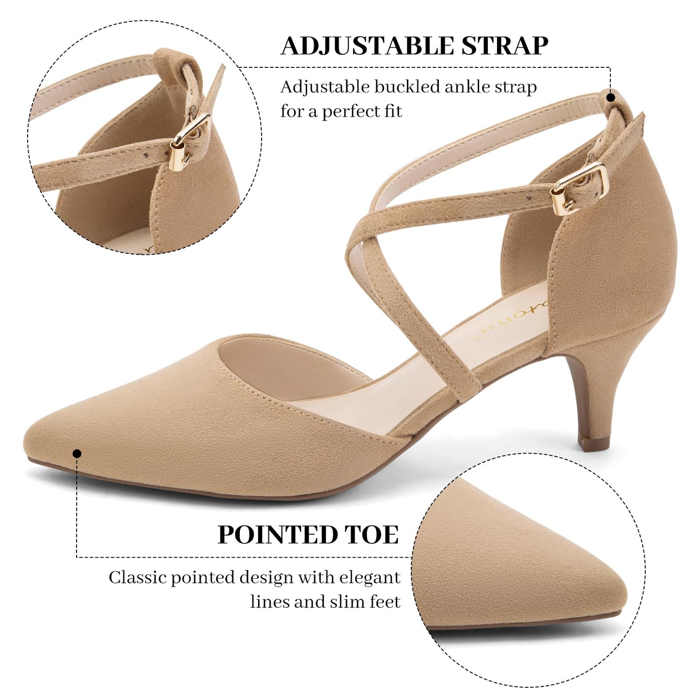 Greatonu Women's Pointed Toe Court Shoes with Ankle Strap and Kitten Heel