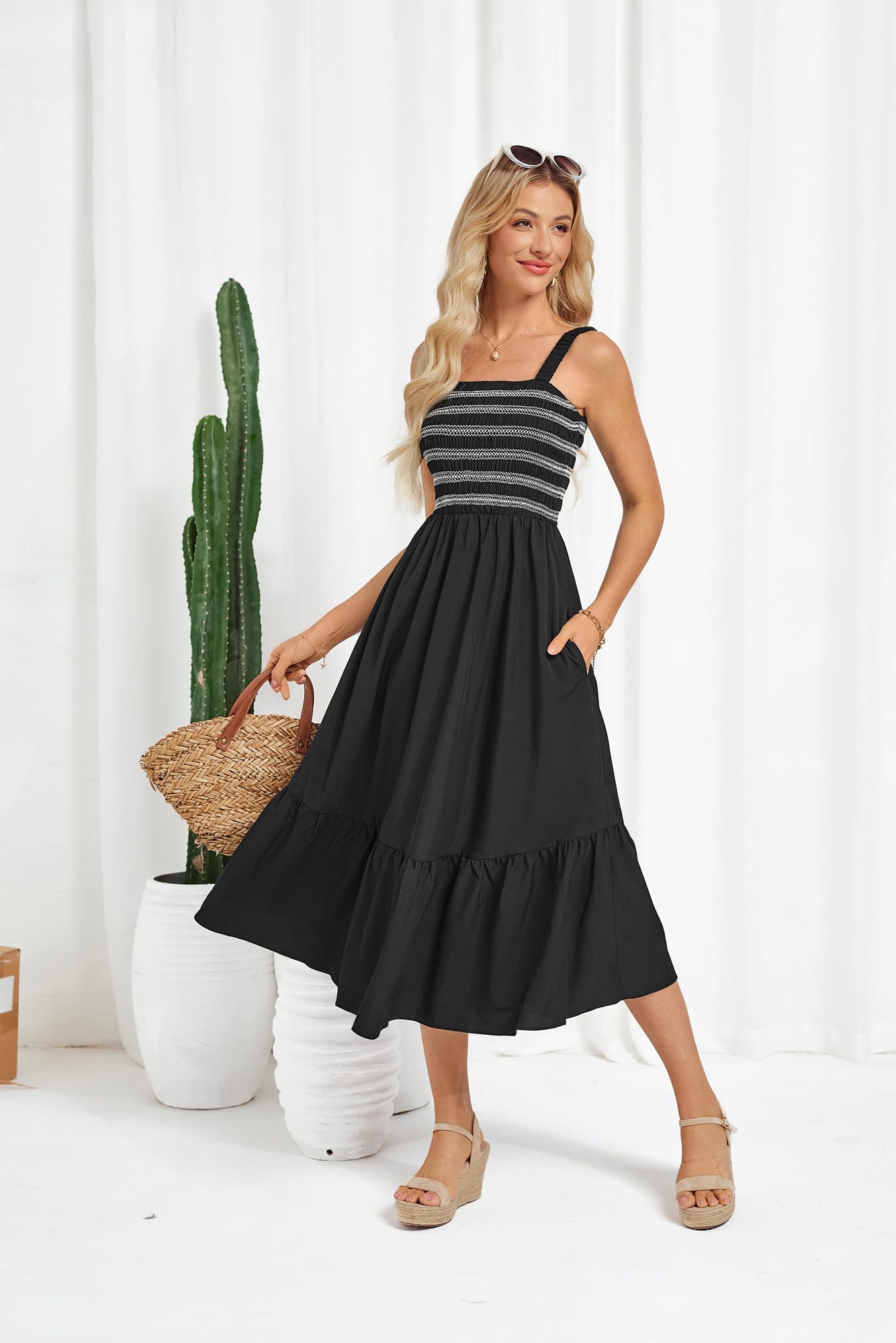 GRACE KARIN Damen Ärmellos Spaghettiträger Freizeitkleid Sommer Langes Strandkleider mit Taschen