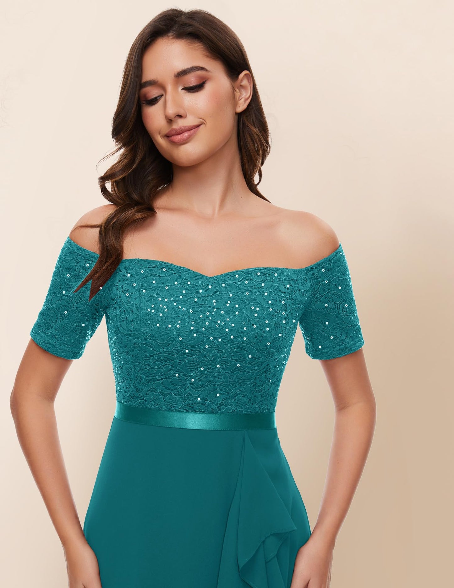 Berylove Abendkleid Damen Lang Glitzer Kleid Cocktailkleid Elegant für Hochzeit Off Shoulder Kleid Ballkleid
