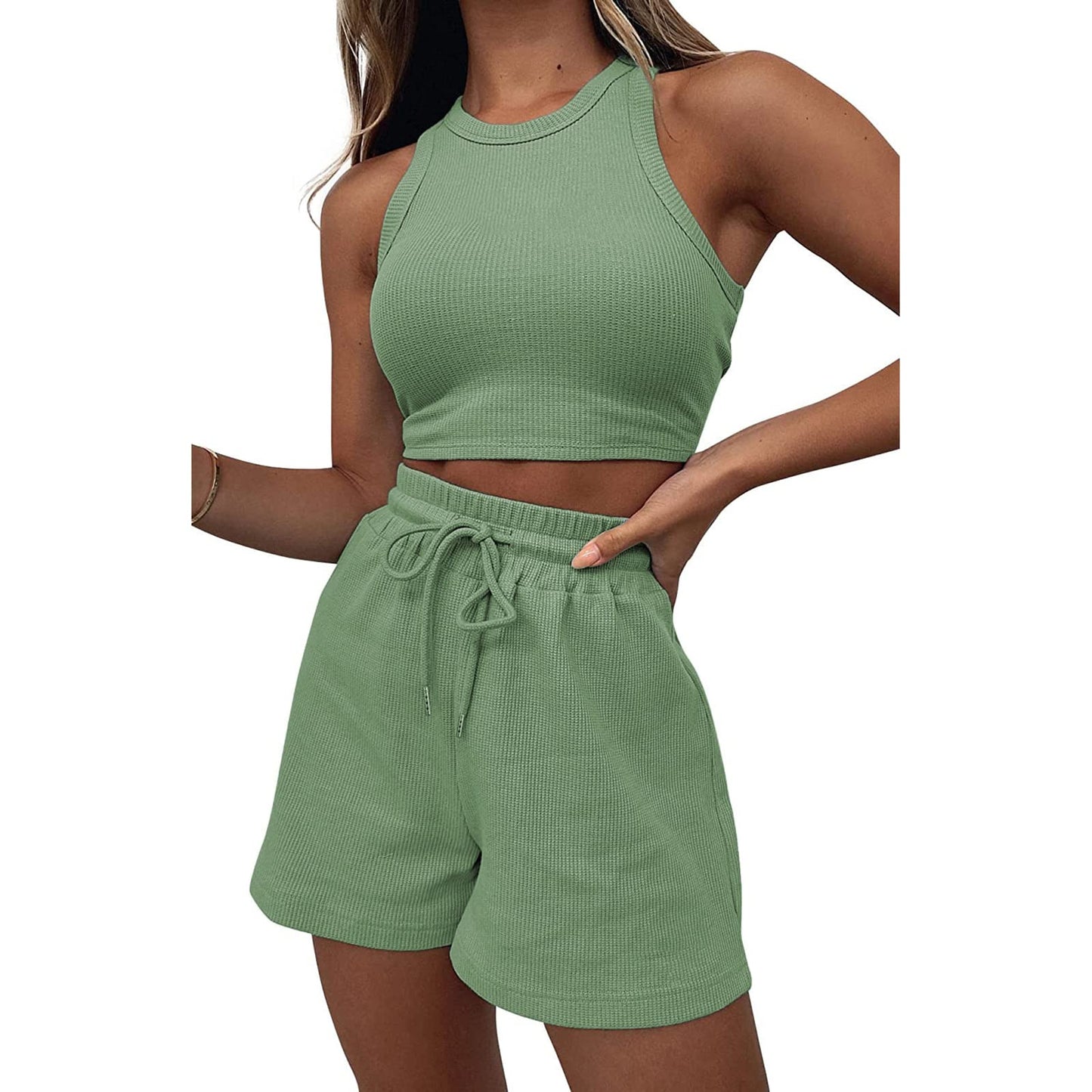 Geagodelia Damen Zweiteiler Sommer Hosenanzug Elegant Outfits Kleidung 2 Teiler Set Crop Tank Top + Shorts Y2k Aesthetic Clothes Workout Sport Anzug