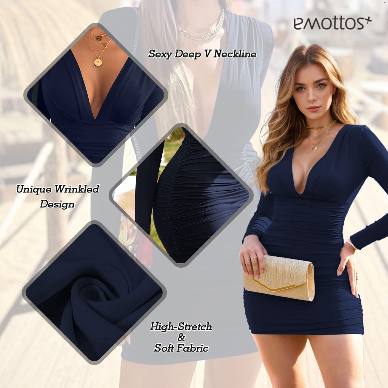 EMOTTOS Frauen Mini Wrap Dress, Sexy Hip-Hugging Ruched Kleider, Weicher tiefer V-Ausschnitt/One-Shoulder Langärmeliges Bodycon Bleistiftkleid, Mini Tube Club Cocktail Party Kleid(2 Style, S-L)