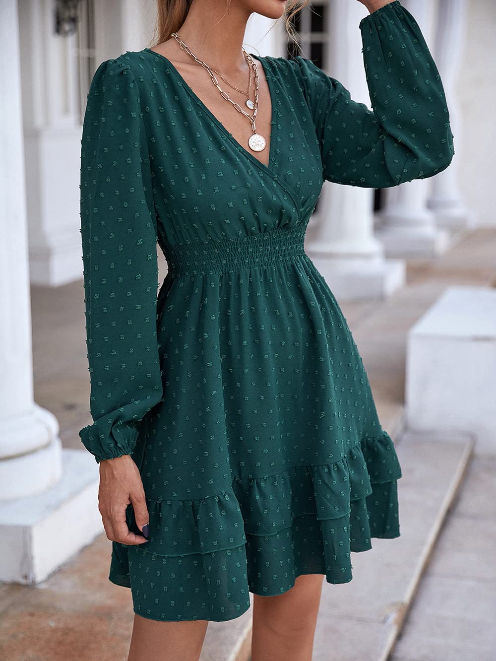 Vangreynve Damen Minikleid V-Ausschnitt A-Linie Kleider Elegant Hohe Taille Langarm Freizeitkleid