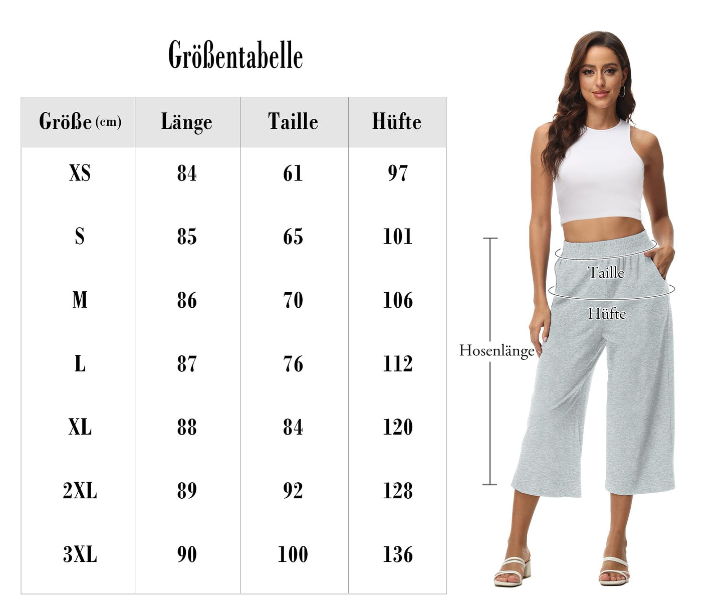 Damen 3/4 Culotte Hose leicht Sommerhose aus Baumwolle Jogginghose mit Taschen