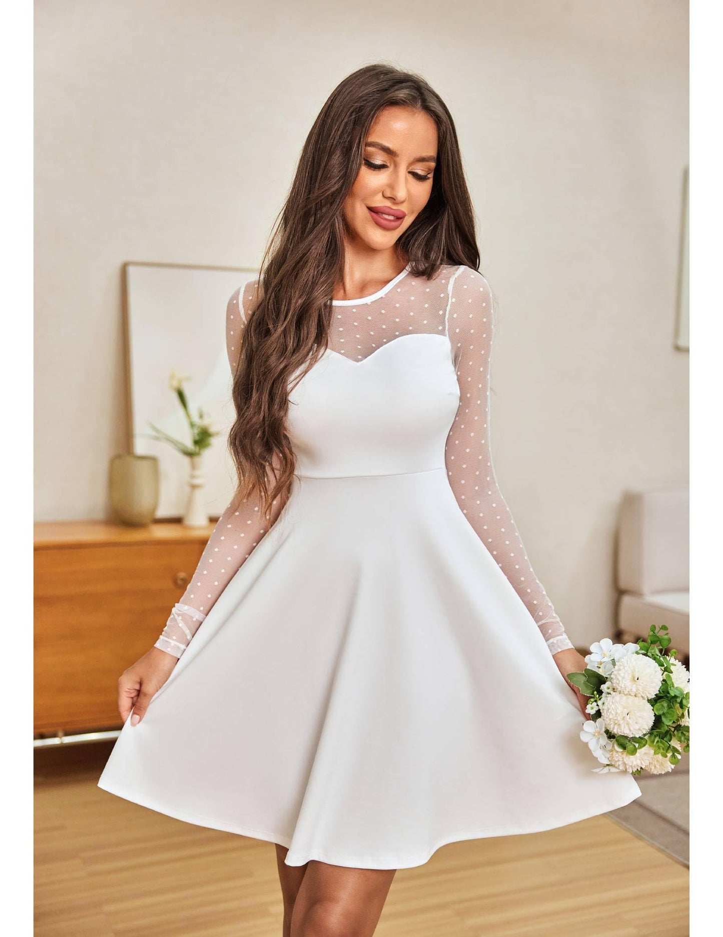 Zeagoo Kleid Damen Elegant Spitze A Linie Partykleid Hohe Taille Cocktailkleid Minikleid Festliches Kleid Einfarbig Mesh Kleid Sexy Swing Kleider S-XXL