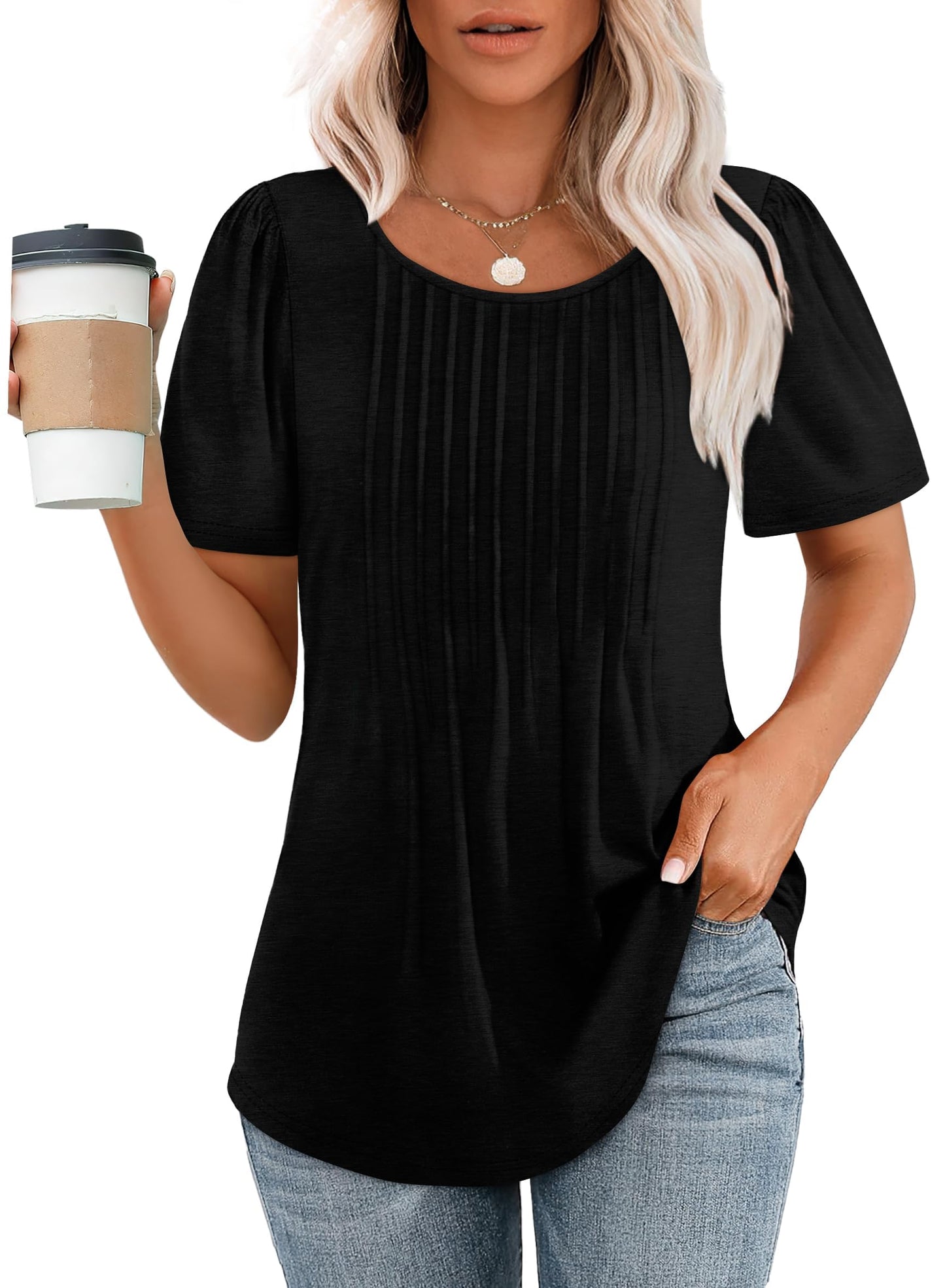 Cuptacc Tshirt Damen Rundhals Mit Falten Locker Puffärmel T-Shirt Elegant Kurzarm Geblümt/Einfarbig Top Damen