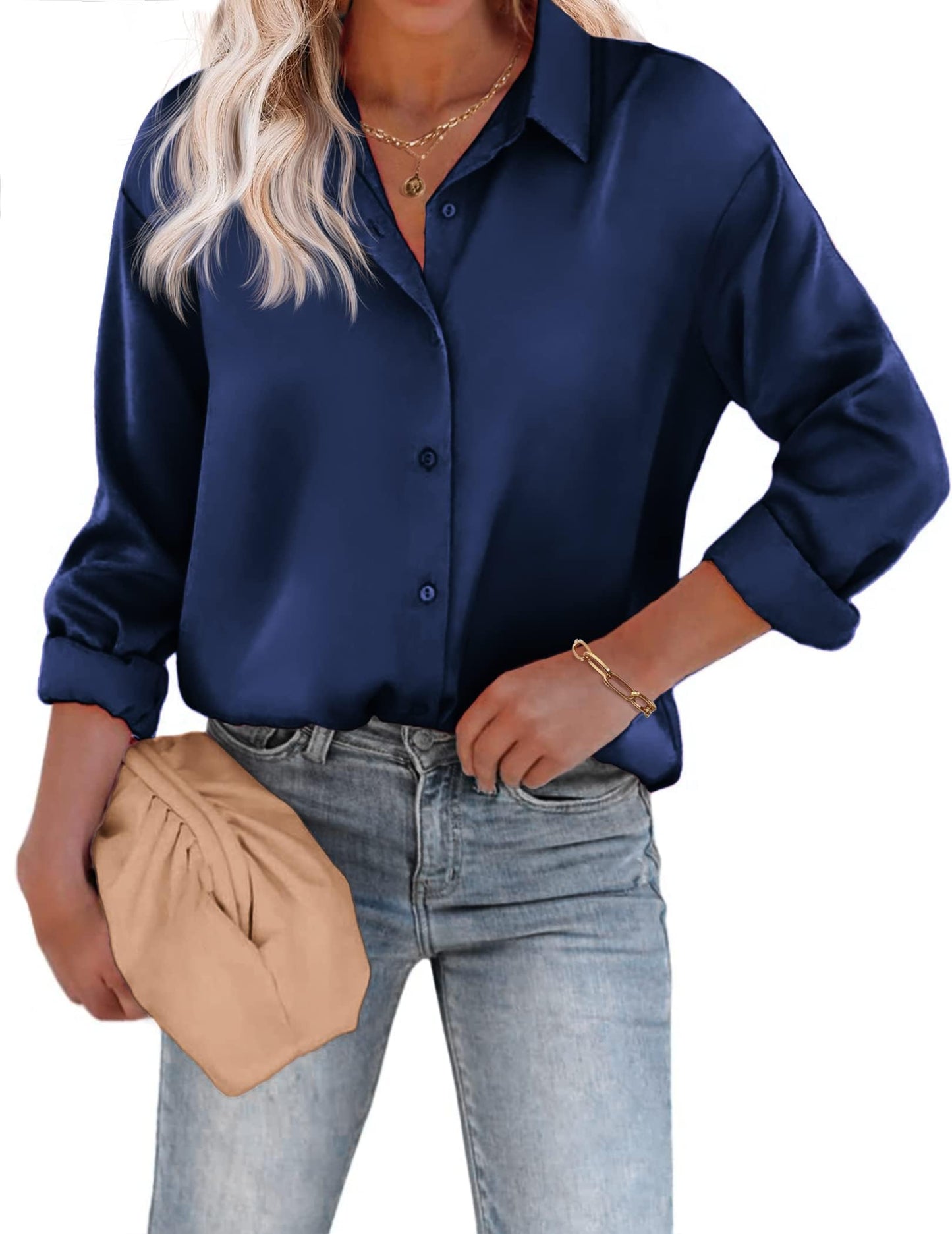Beyove Damen Bluse Satin Seide V-Ausschnitt Hemden Elegant Langarm Business Oberteile mit Knöpfen Tops Lose Langarmshirt