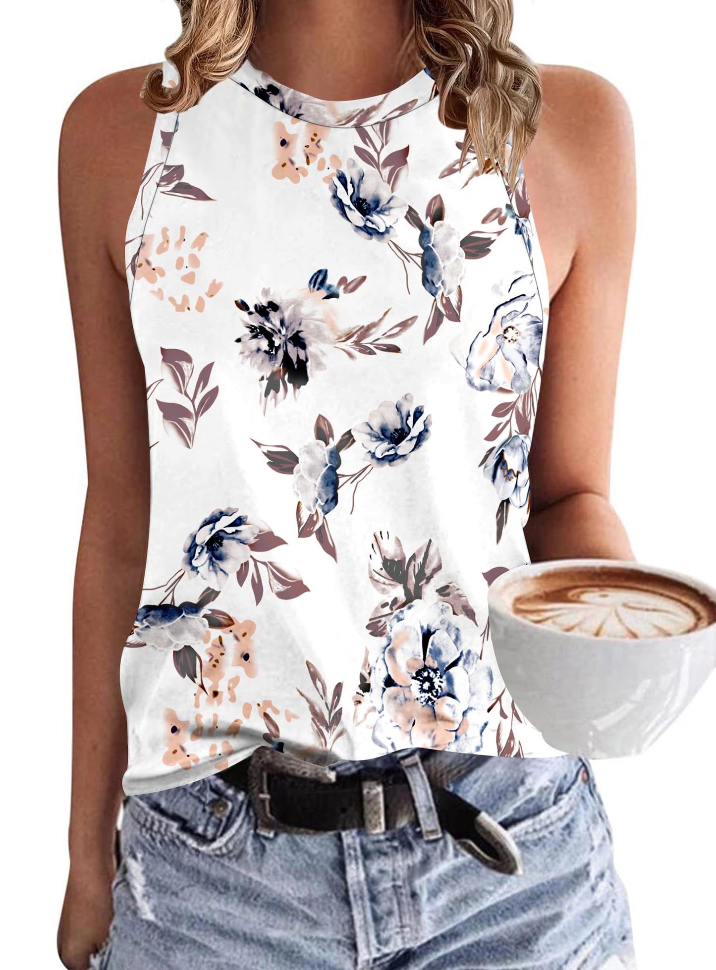 WNEEDU Damen Tank Top Ärmellos Oberteile Sommer Tanktops Rundhals Blusentop Vest Top Bluse