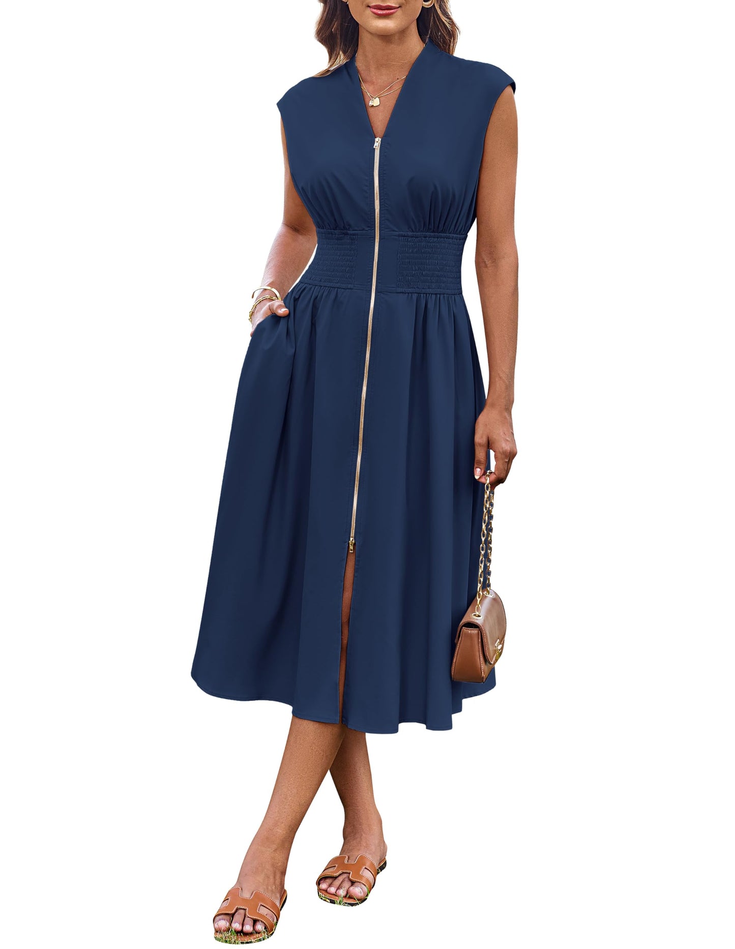 GRACE KARIN Damenkleid mit Reißverschluss vorne V-Ausschnitt A-Linie Cocktail Midi Party Hochzeitskleid mit Tasche