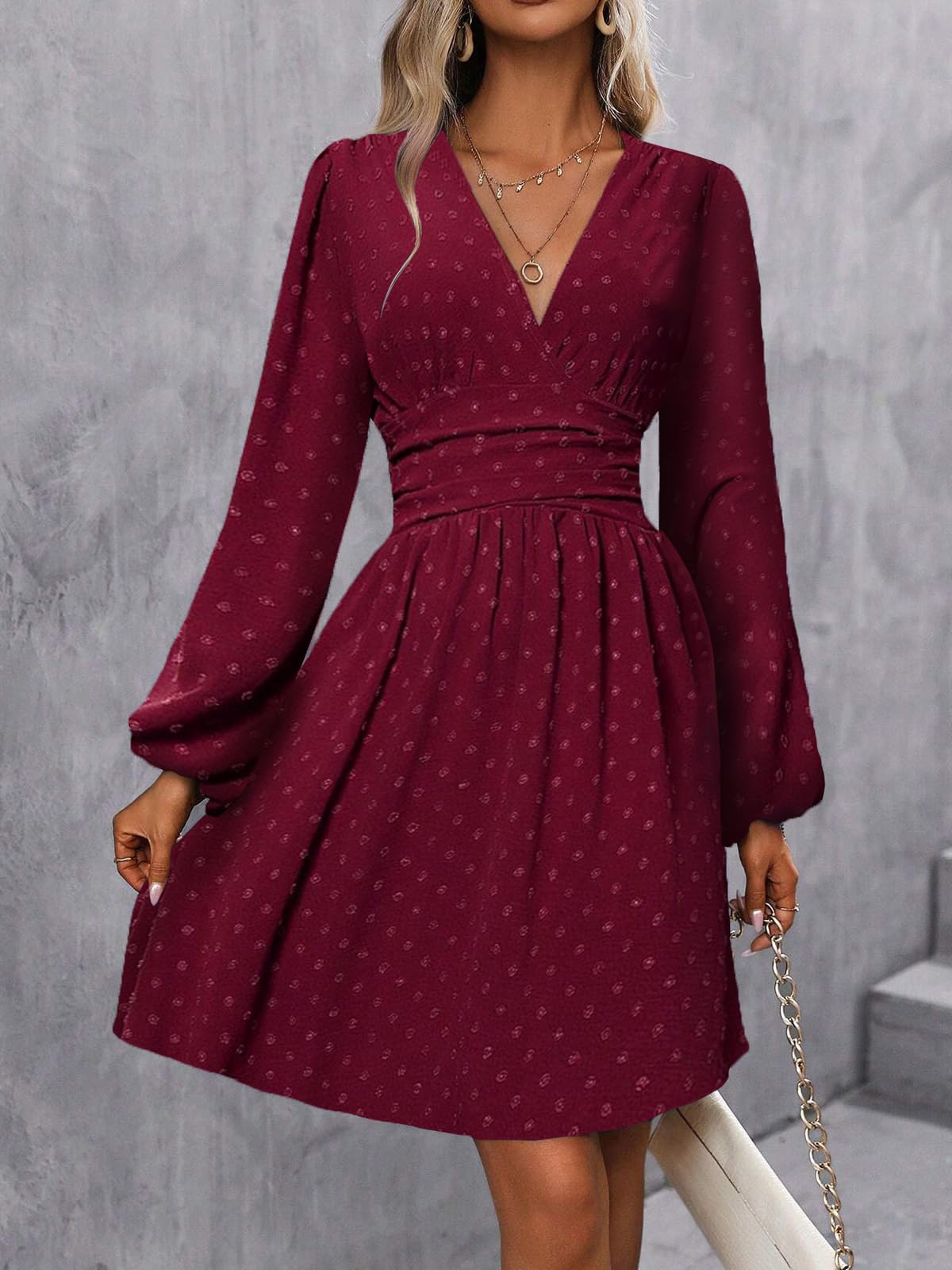 LIAMERHE Damen Elegant Kleid Langarm/Kurze Ärmel V-Ausschnitt Casual Kleider A-Linie Blumenmuster Minikleid Freizeitkleider Sommer Herbst Winter Laternenärmeln Kleid Partykleid