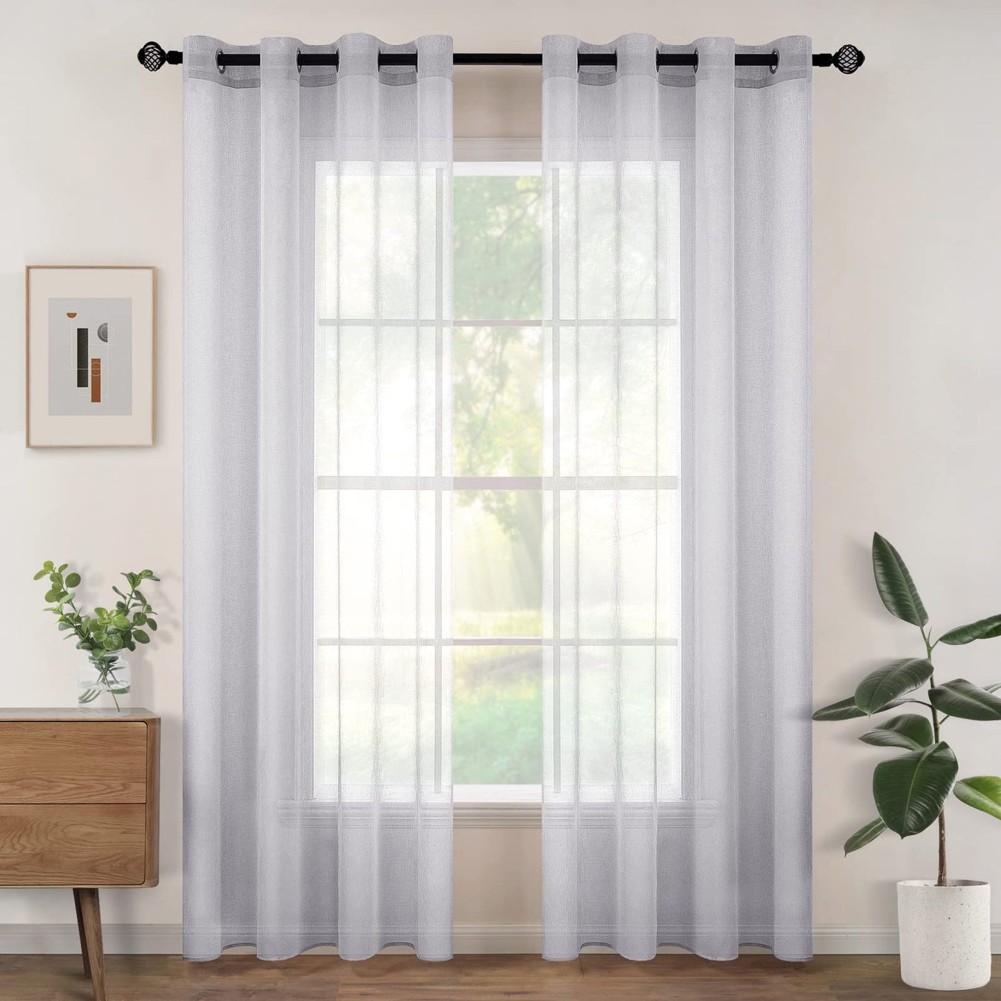 Woaboy Voile Curtains, Short Curtains, Transparent Living Room with Eyelets, Store Curtains for the Bedroom, Eyelet Curtain, Panel Curtain, Loop Curtains, Modern, Set of 2, 140 x 145 cm (W x H), Beige