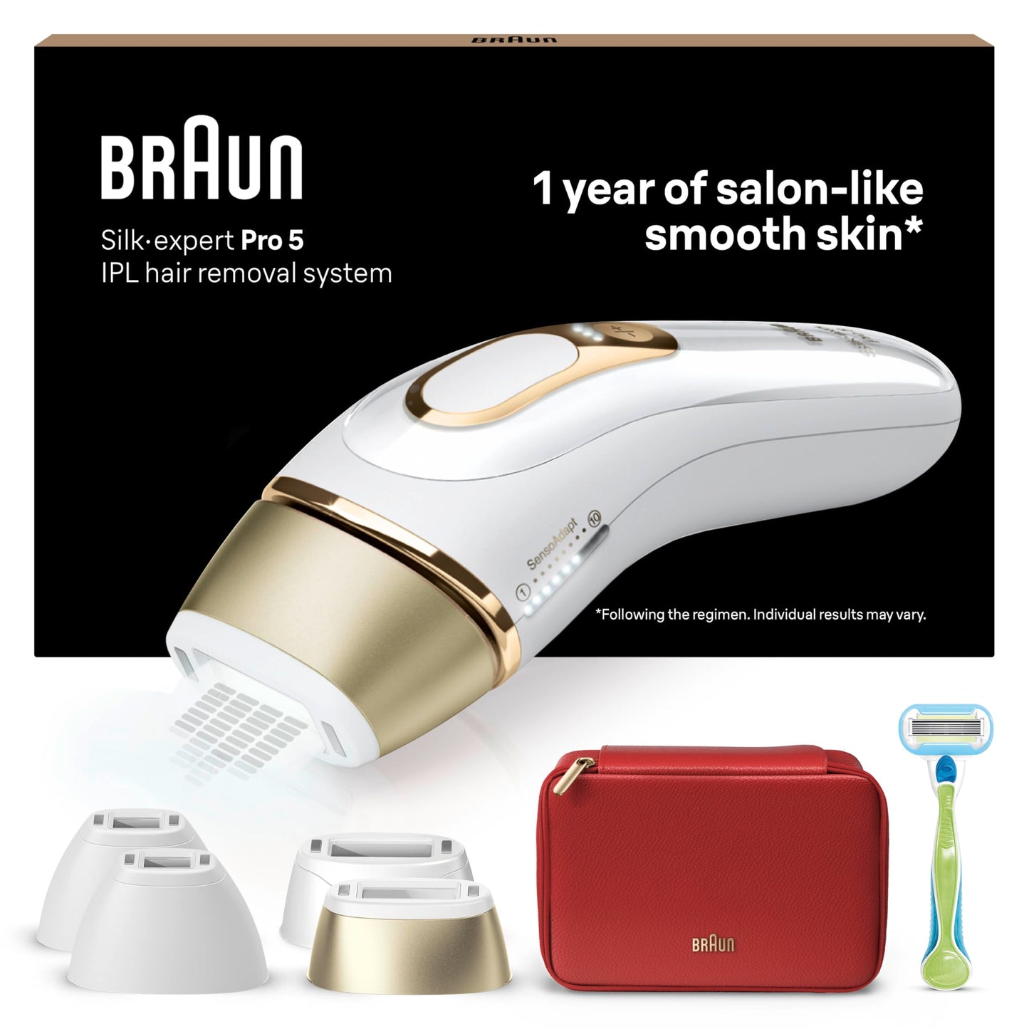 Braun IPL Silk Expert Pro 5 Haarentfernungsgerät Damen, sichtbare Haarentfernung, Designed In Germany, Venus Rasierer, 3 Aufsätze, Alternative zu Laser Haarentfernung, PL5262, weiß/gold