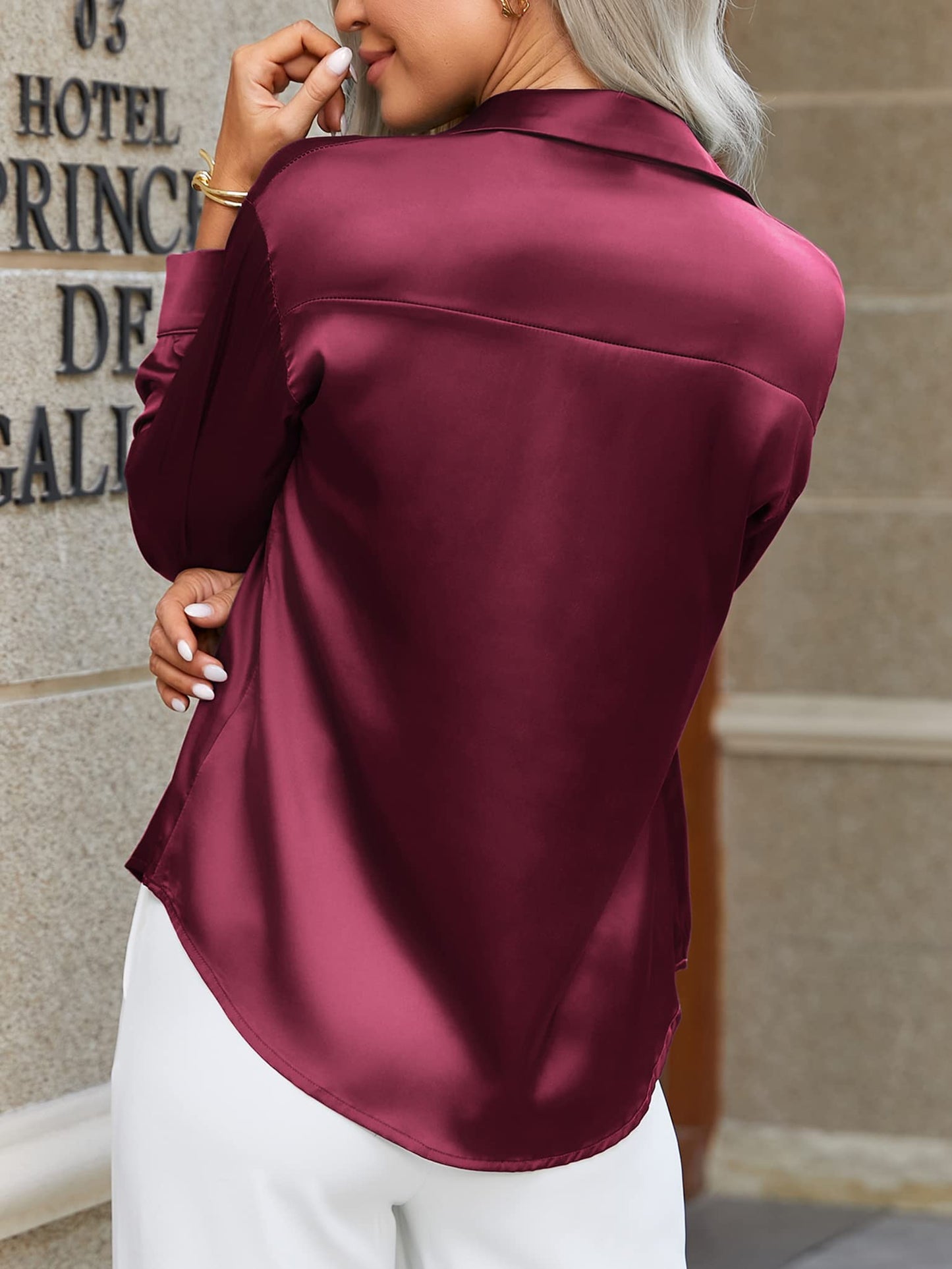 Beyove Damen Bluse Satin Seide V-Ausschnitt Hemden Elegant Langarm Business Oberteile mit Knöpfen Tops Lose Langarmshirt