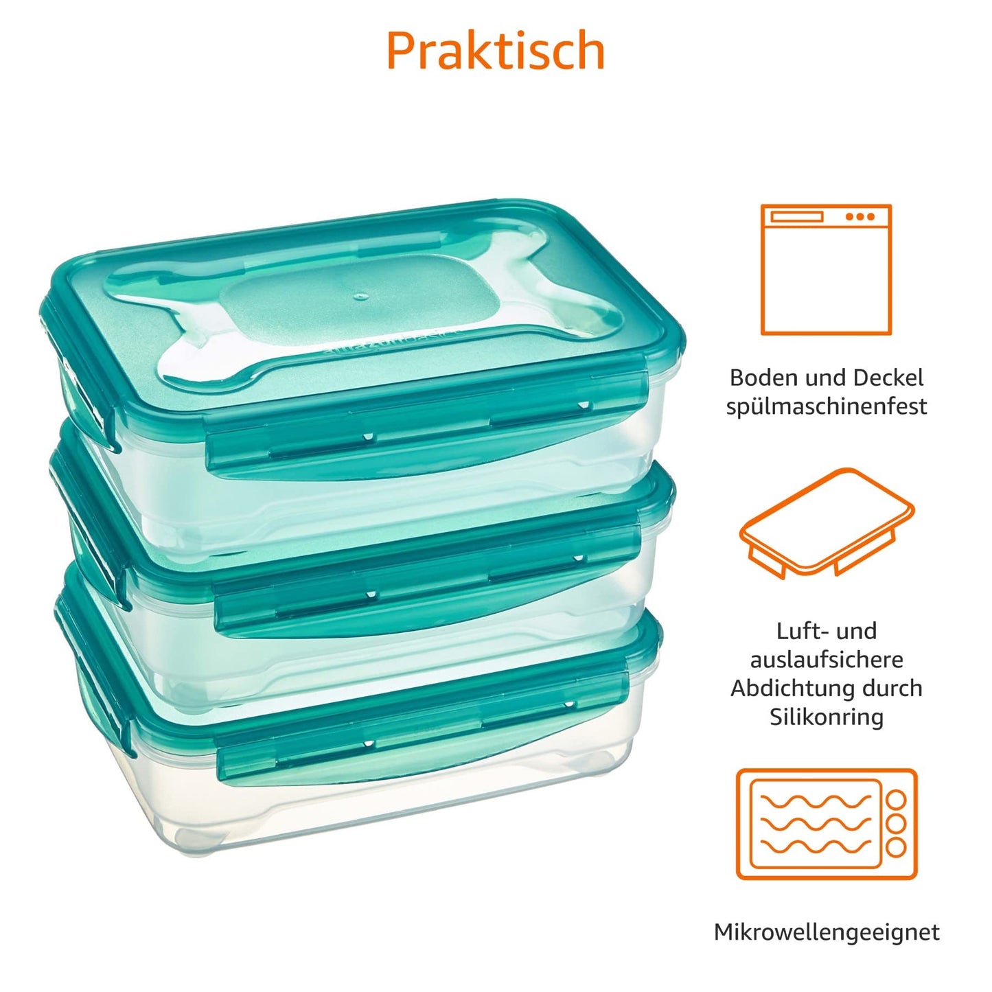 Amazon Basics Gefrierbehälter im Set, mit Deckel, luftdicht, auslaufsicher, stapelbar, für Kühlschrank/Gefriertruhe, BPA-frei, Kunststoff, mikrowellen- und spülmaschinenfest, 3 x 0.6 l, hellblau