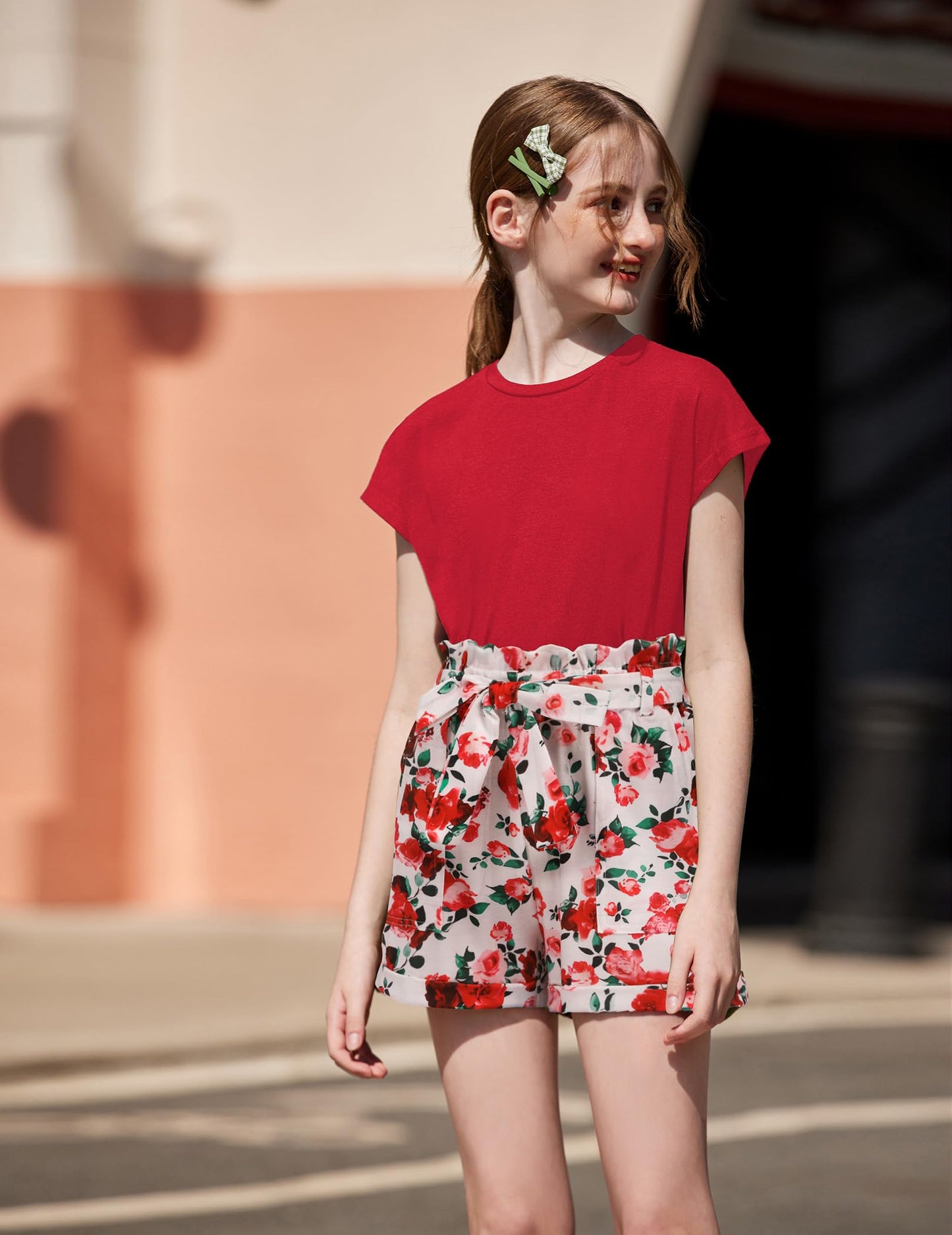 Arshiner Mädchen Tshirt mit Shorts Set Sommer Kinder Bekleidungssets Freizeit Mode überschnittenen Schultern Shirts Zweiteiliges Kleidung Sets für Mädchen 6-14 Jahre