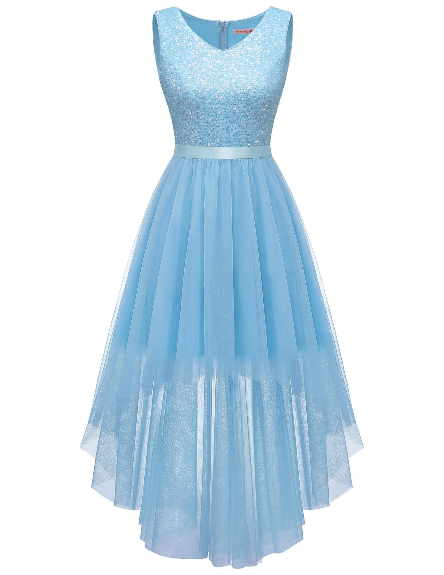 Berylove Kleid Festlich Damen Abendkleid mit Pailletten Cocktailkleid Ballkleid Lang Glitzer V Ausschnitt Ärmellos Tüllkleid