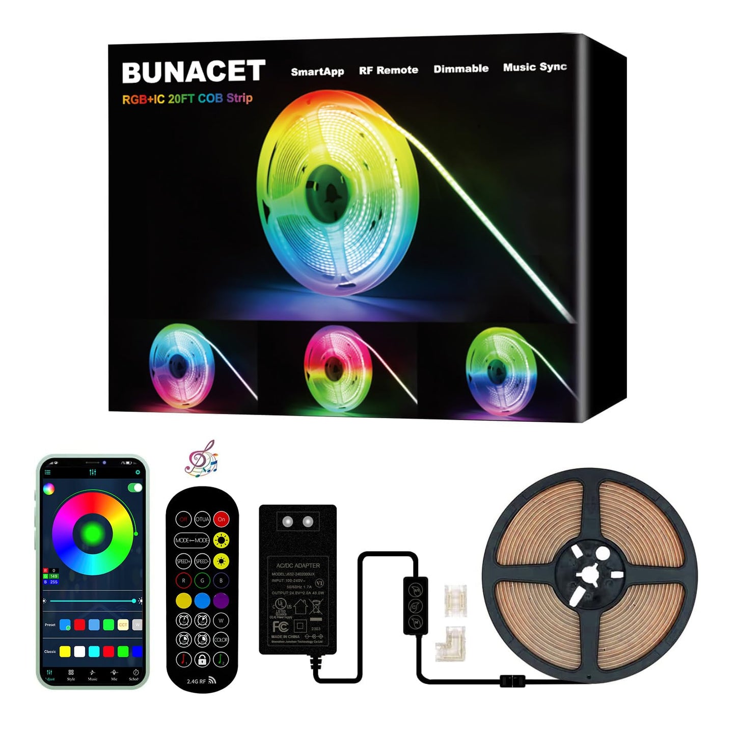 BUNACET COB RGB LED Strip 6M 24V Dimmbar, LED Streifen 3456 LEDs, Leiste Band Stripes Lichtband mit Netzteil RF Fernbedienung & APP Bluetooth für Küche Schlafzimmer Deko
