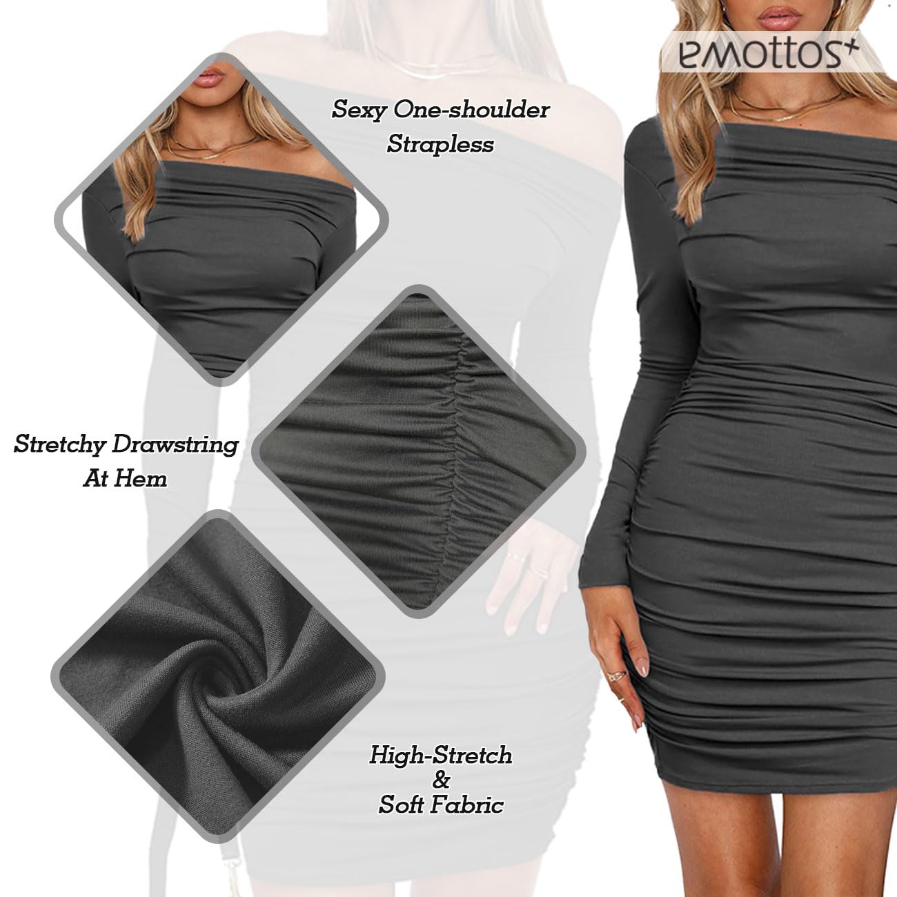 EMOTTOS Frauen Mini Wrap Dress, Sexy Hip-Hugging Ruched Kleider, Weicher tiefer V-Ausschnitt/One-Shoulder Langärmeliges Bodycon Bleistiftkleid, Mini Tube Club Cocktail Party Kleid(2 Style, S-L)