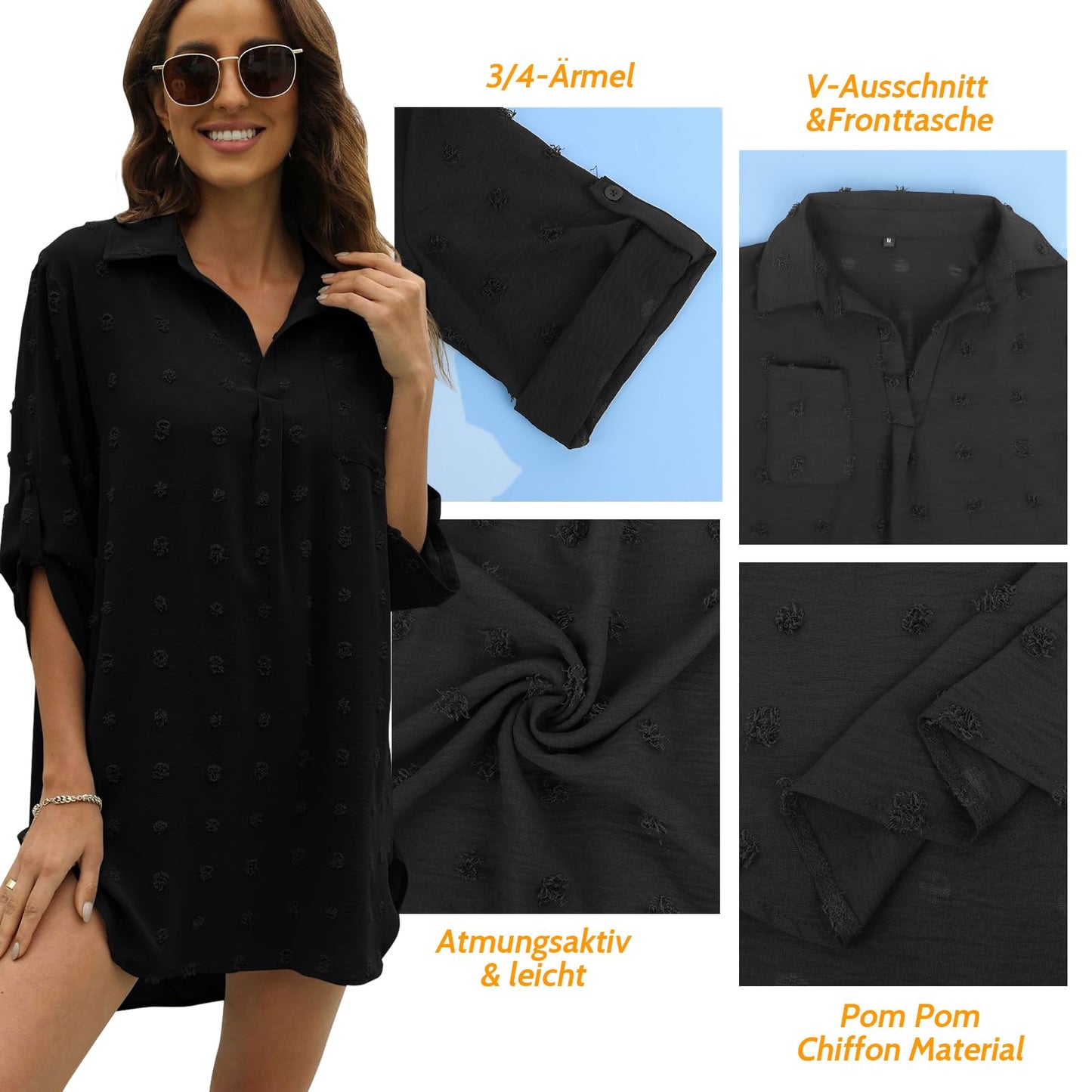 Figarge Strandkleid Damen Bikini Cover Up V-Ausschnitt Baumwolle Strandtunika Sommer Pareos Button Down Strandponcho Badeanzug Strand