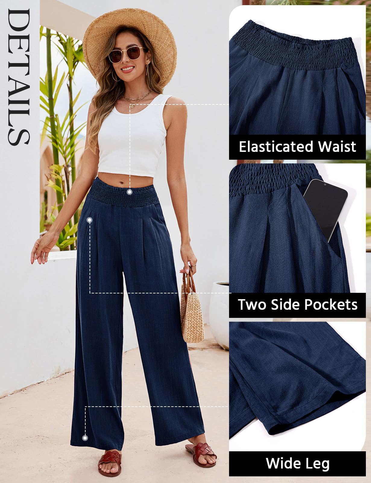 Niwicee Leinenhose Damen Sommer Baumwolle Leinen Hose High Waist Geradem Lose Casual Sommerhose mit Taschen Elastisch Hohe Taille Freizeithose Strandhose Lang Leichte