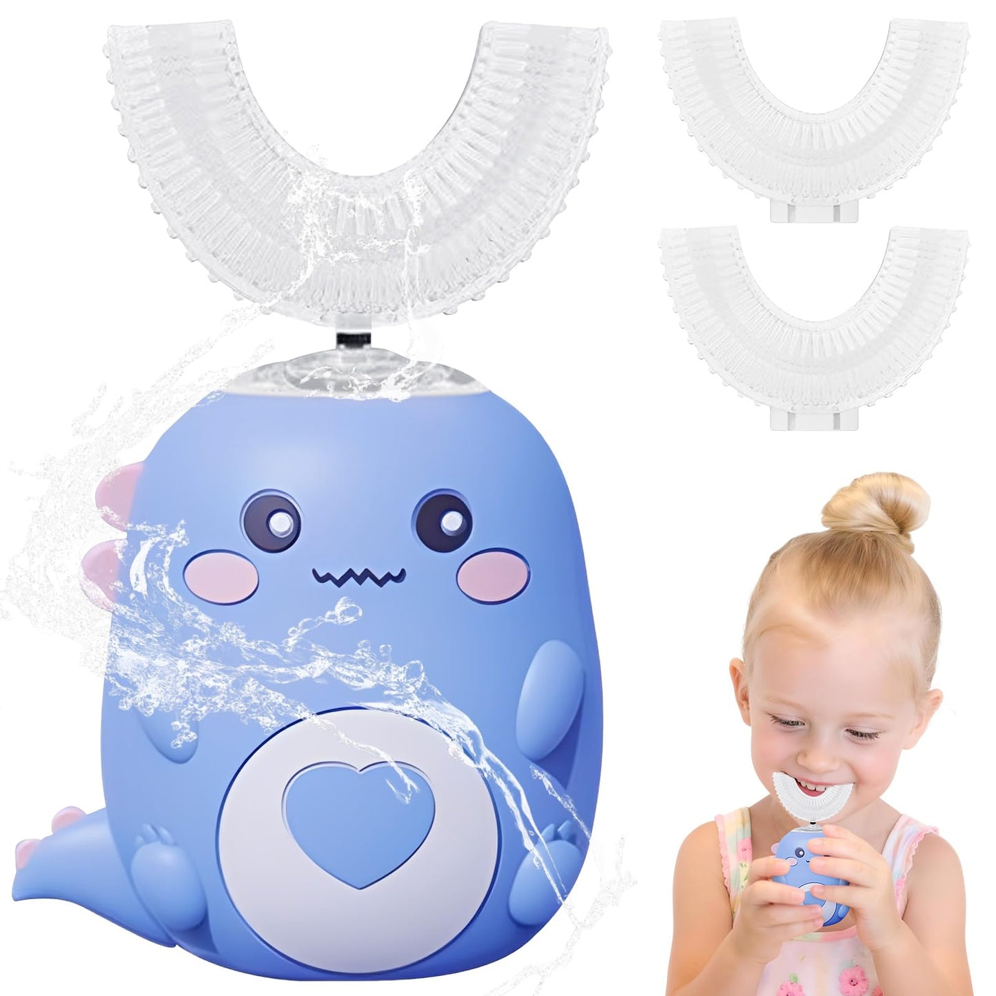 Kinderzahnbürste Elektrisch, 360° Automatische Ultraschall Elektrozahnbürste, Ultraschall Zahnbürstemit 3 U-förmigen Silikonbürstenköpfen,mit LED, Dino Zahnbürste Elektrisch für Alter 2~6 Jahre (Grün)