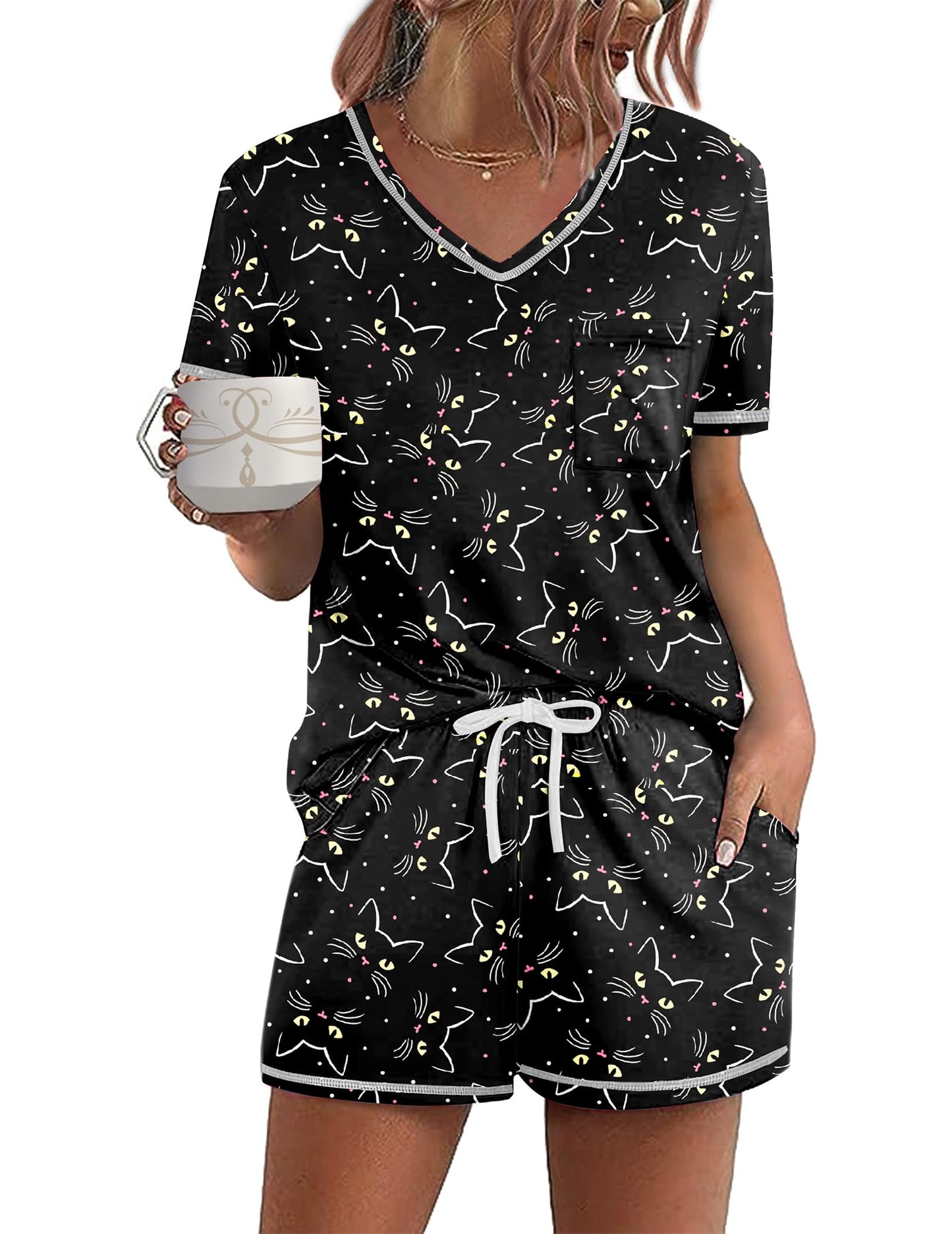 Ekouaer Schlafanzug Damen Kurz Pyjama Set Kurzarm Sommer Nachtwäsche Gedruckt with Taschen S-XXL