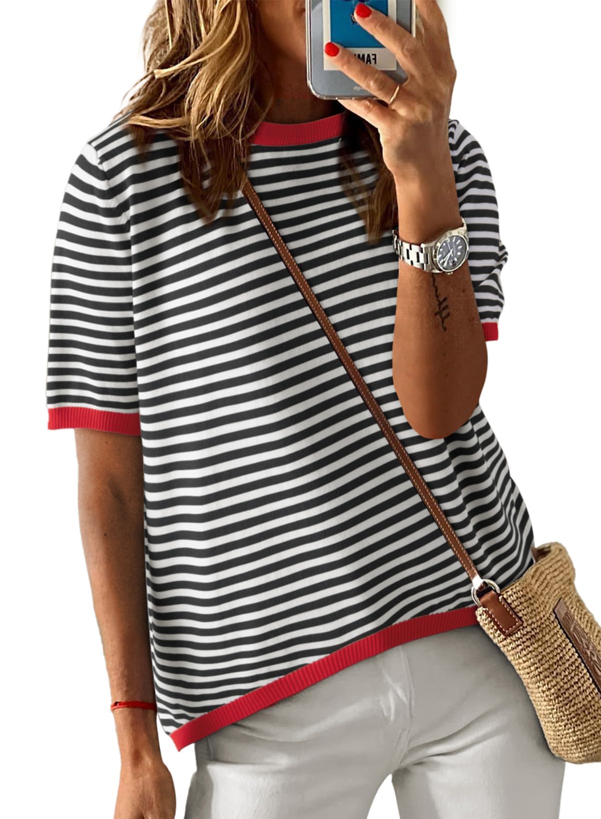 Cuptacc Tshirt Damen Baumwolle Shirt Damen Oberteile Sommer Gestreiftes Rundhals Basic Tops Kurzarm Tunika Damen Blusen Elegant Weiß Schwarz