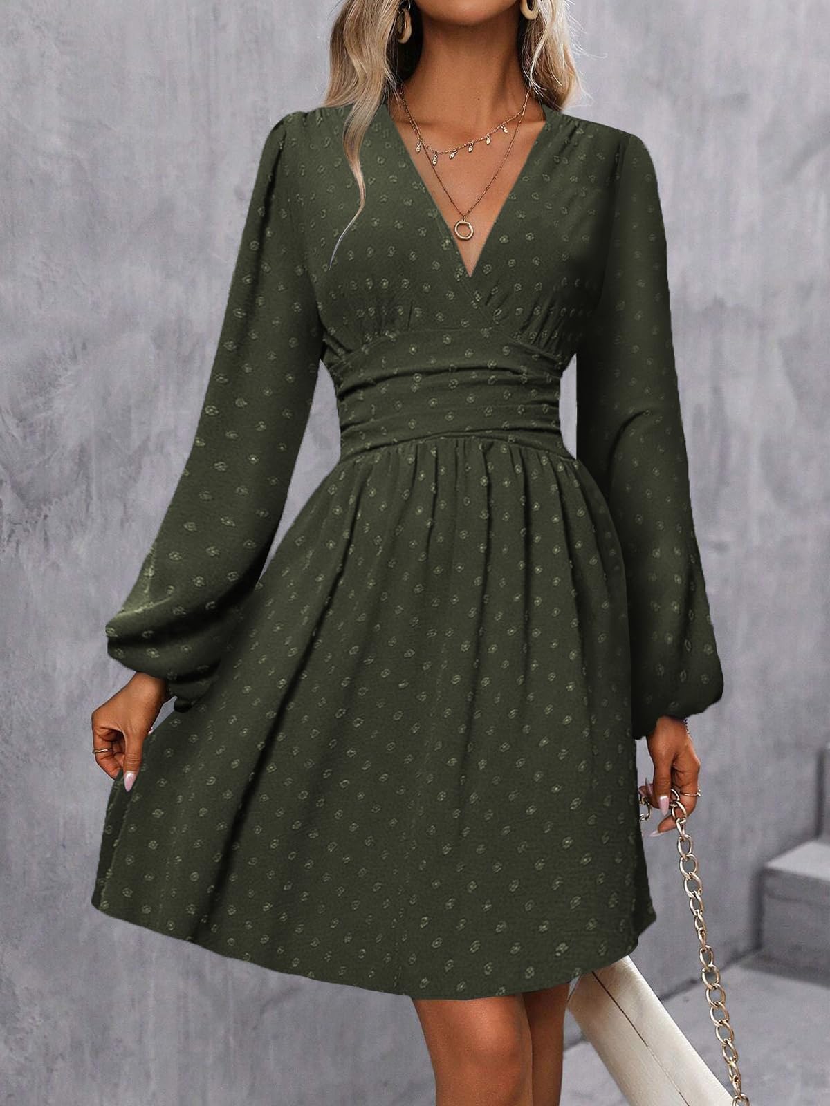 LIAMERHE Damen Elegant Kleid Langarm/Kurze Ärmel V-Ausschnitt Casual Kleider A-Linie Blumenmuster Minikleid Freizeitkleider Sommer Herbst Winter Laternenärmeln Kleid Partykleid