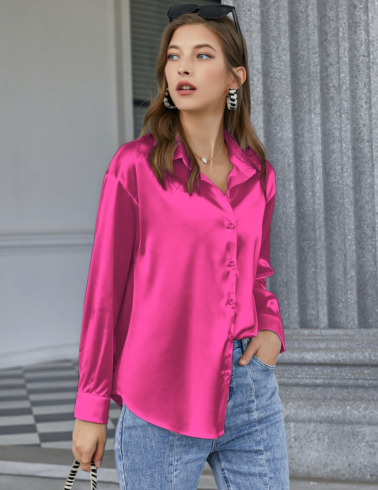Beyove Damen Bluse Satin Seide V-Ausschnitt Hemden Elegant Langarm Business Oberteile mit Knöpfen Tops Lose Langarmshirt