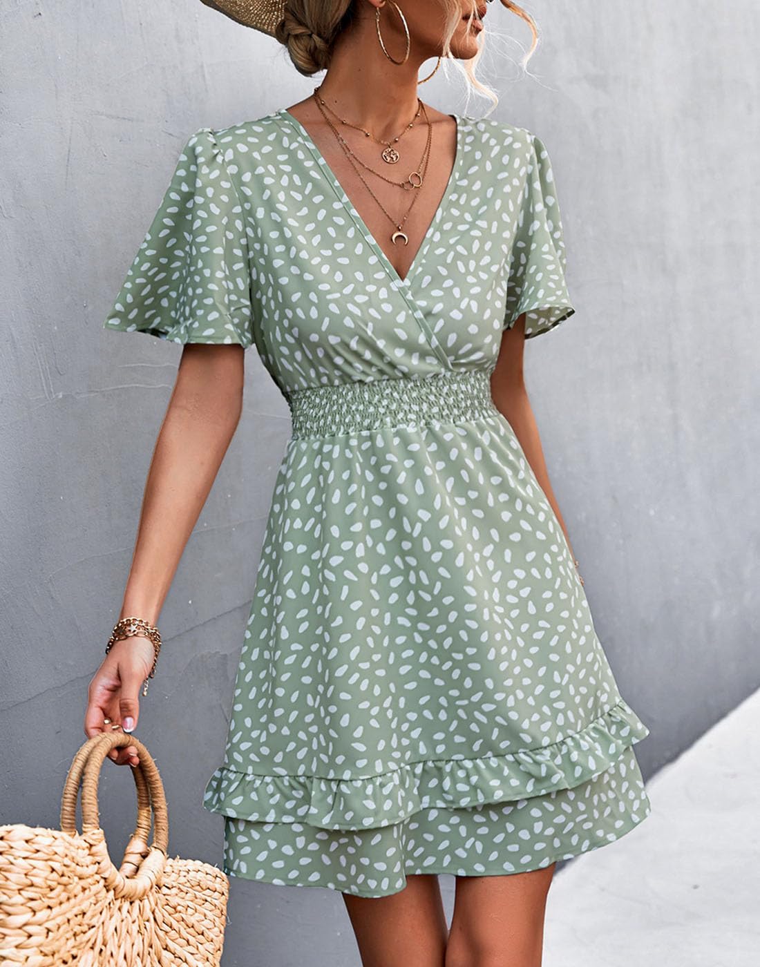 Vangreynve Damen Minikleid V-Ausschnitt A-Linie Kleider Elegant Hohe Taille Langarm Freizeitkleid