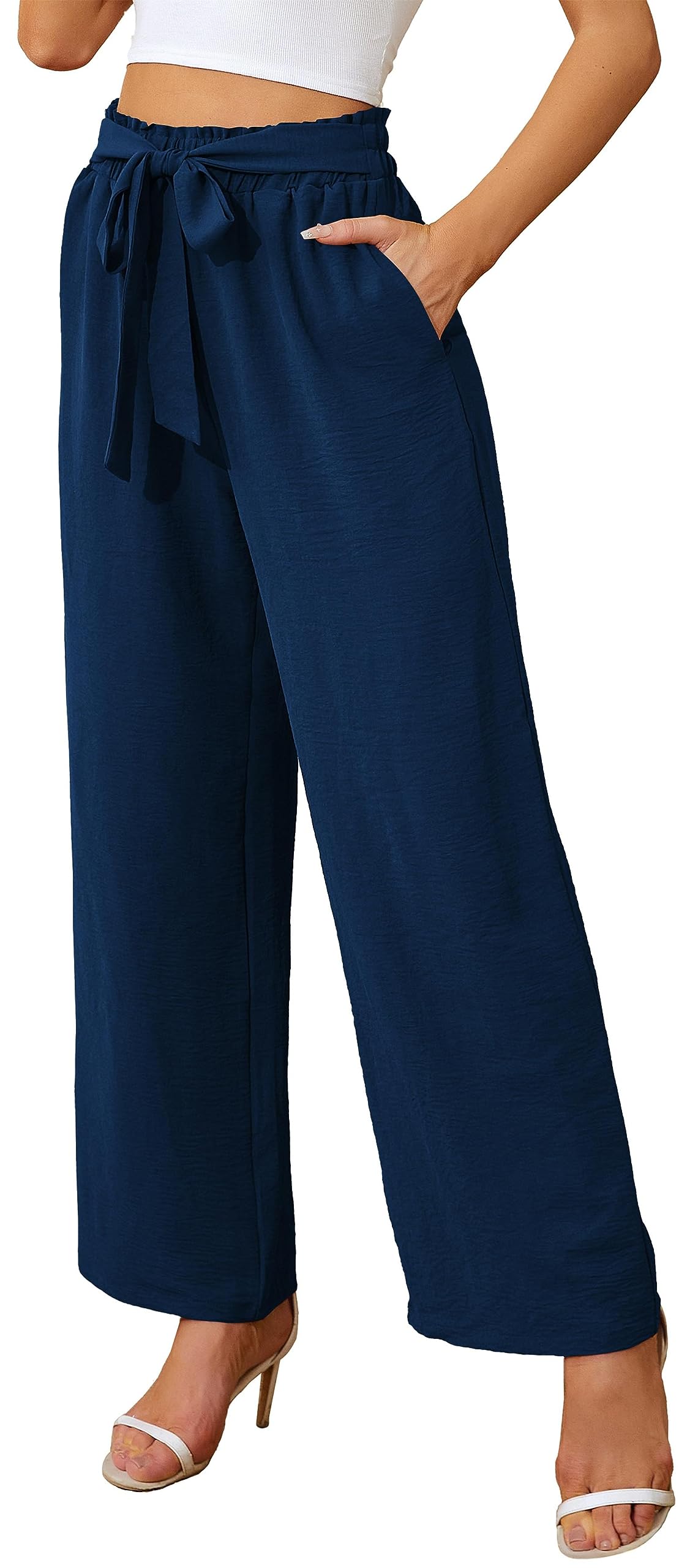 Actcat Damen Hose mit weitem Bein Leicht und Elegant Elastischer Bund Sommerhose mit Taschen für Legere Arbeit Geeignet