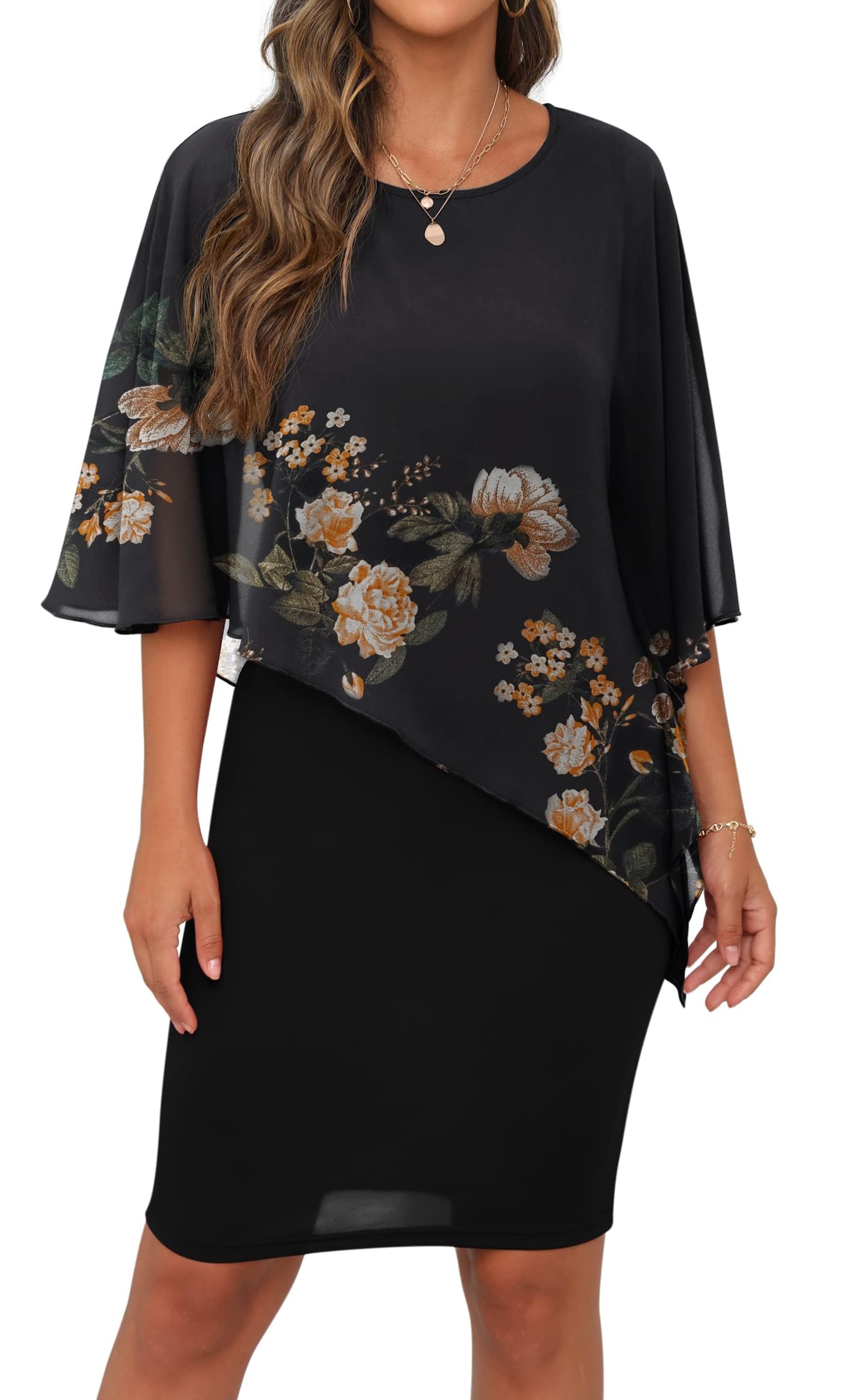 QIXING Damen Chiffon Cape Cocktialkleid Rundhals Ausschnitt Bleistiftkleid Sommerkleid Damen Knielang Elegant Abendkleid Mit Overlay Casual Bodycon Kleider